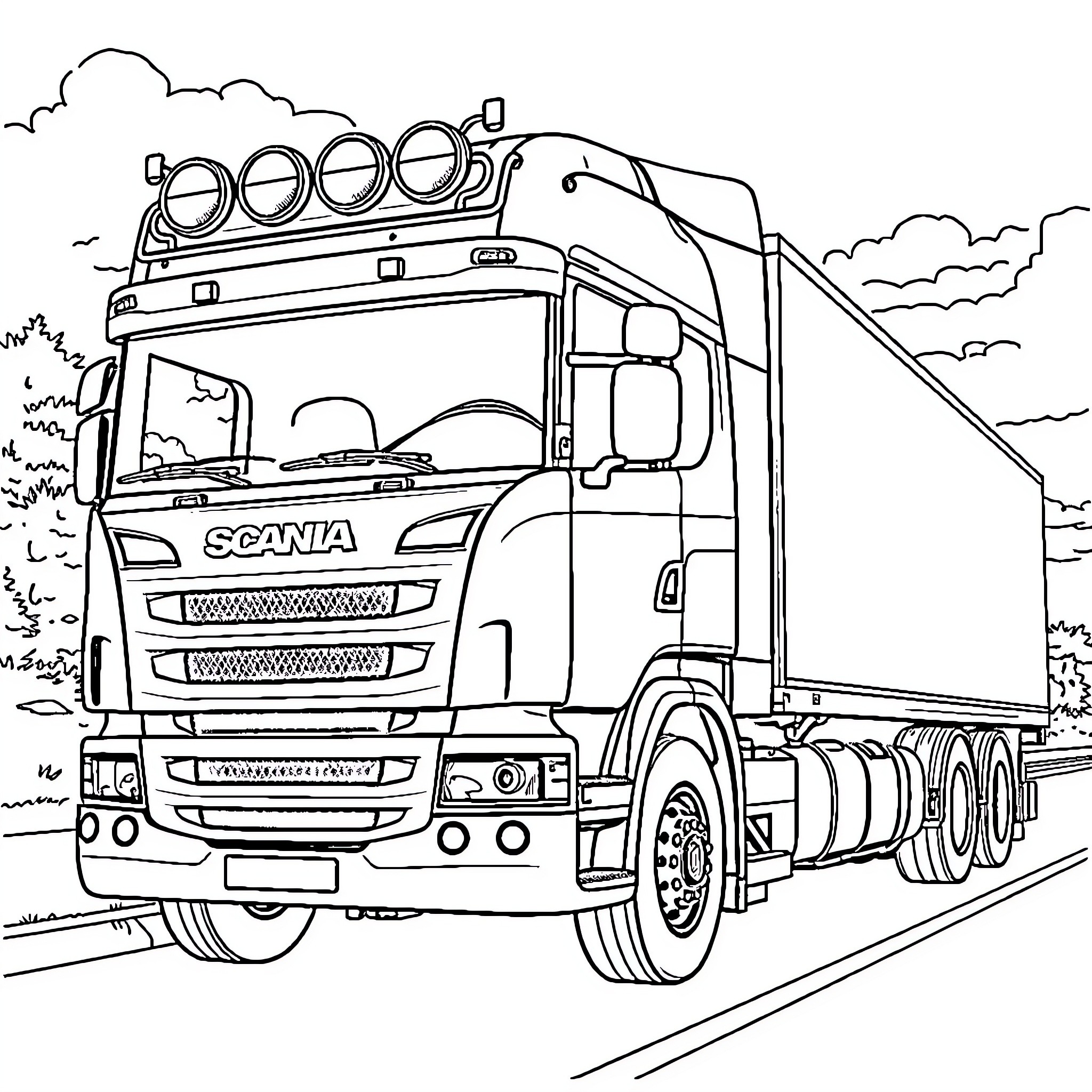 Scania truck hauling cargo on the road Coloring Page (free black-and-white line drawing printable PDF for all, from beginners to advanced learners, including children, teens, adults, and seniors)