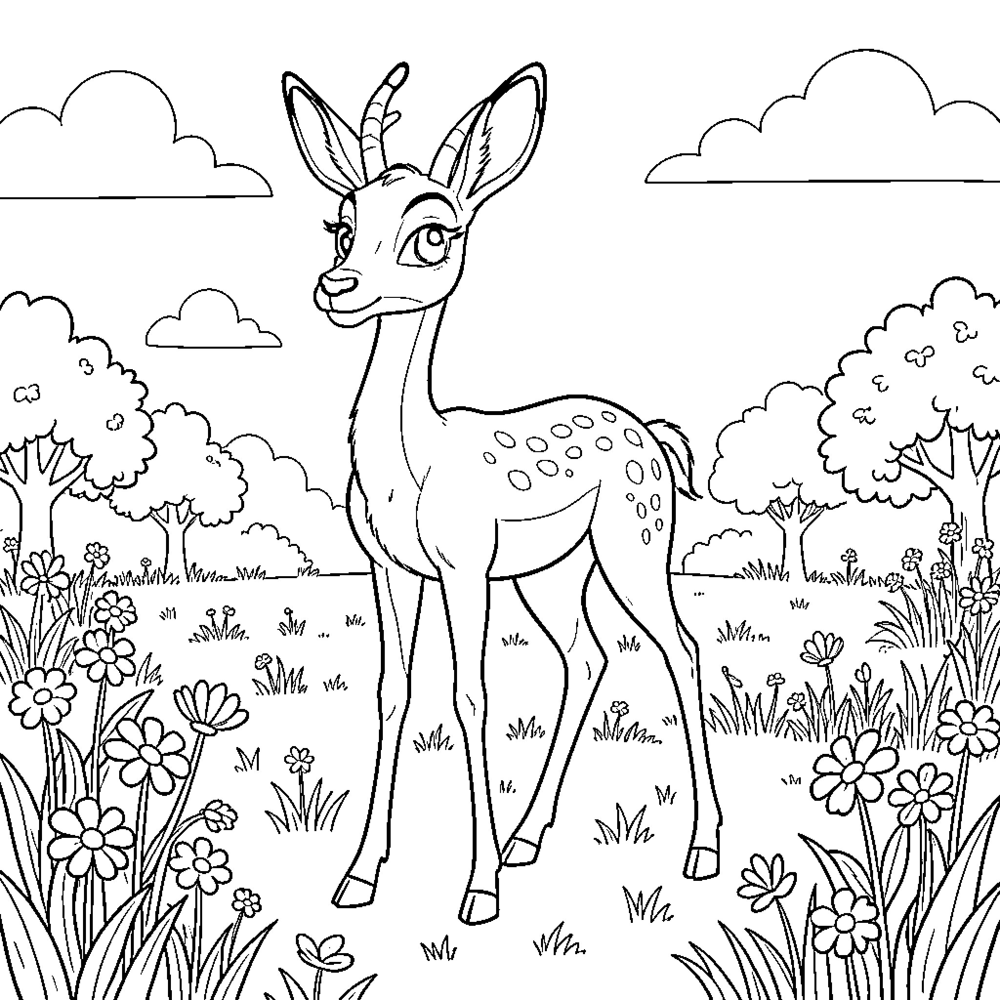 Gazelle exploring a vibrant floral meadow Coloring Page (free black-and-white line drawing printable PDF for all, from beginners to advanced learners, including children, teens, adults, and seniors)