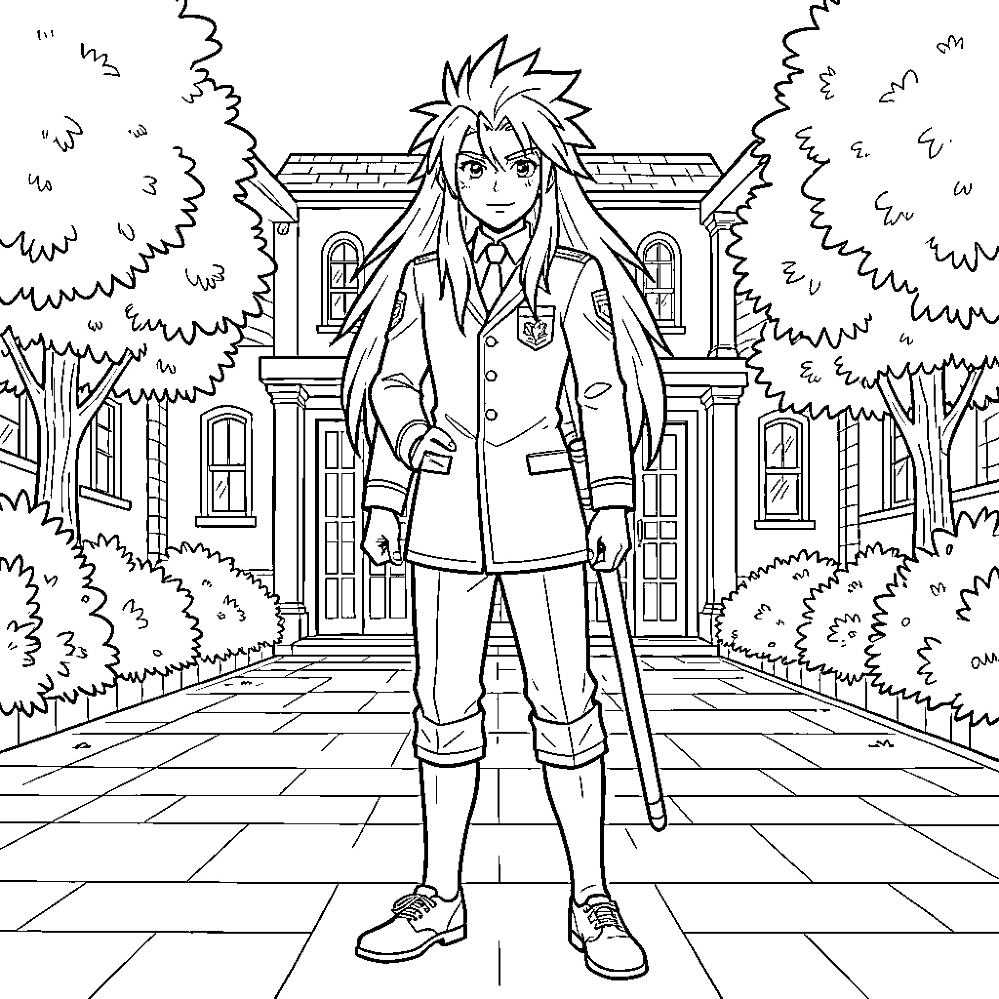 Leona Kingscholar Stands Proudly in Front of School Coloring Page (free black-and-white line drawing printable PDF for all, from beginners to advanced learners, including children, teens, adults, and seniors)