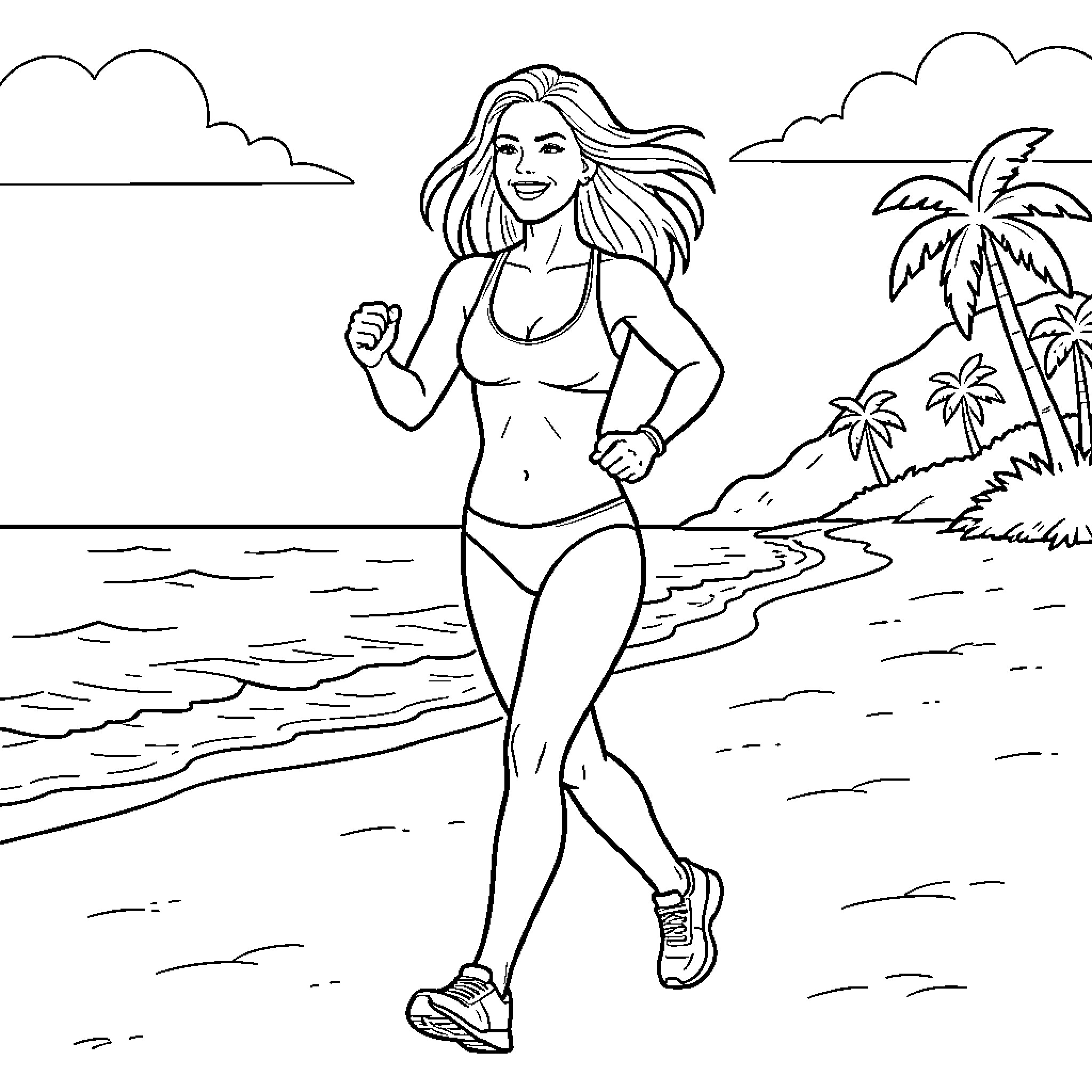 Pamela Anderson jogging along a tropical beach Coloring Page (free black-and-white line drawing printable PDF for all, from beginners to advanced learners, including children, teens, adults, and seniors)