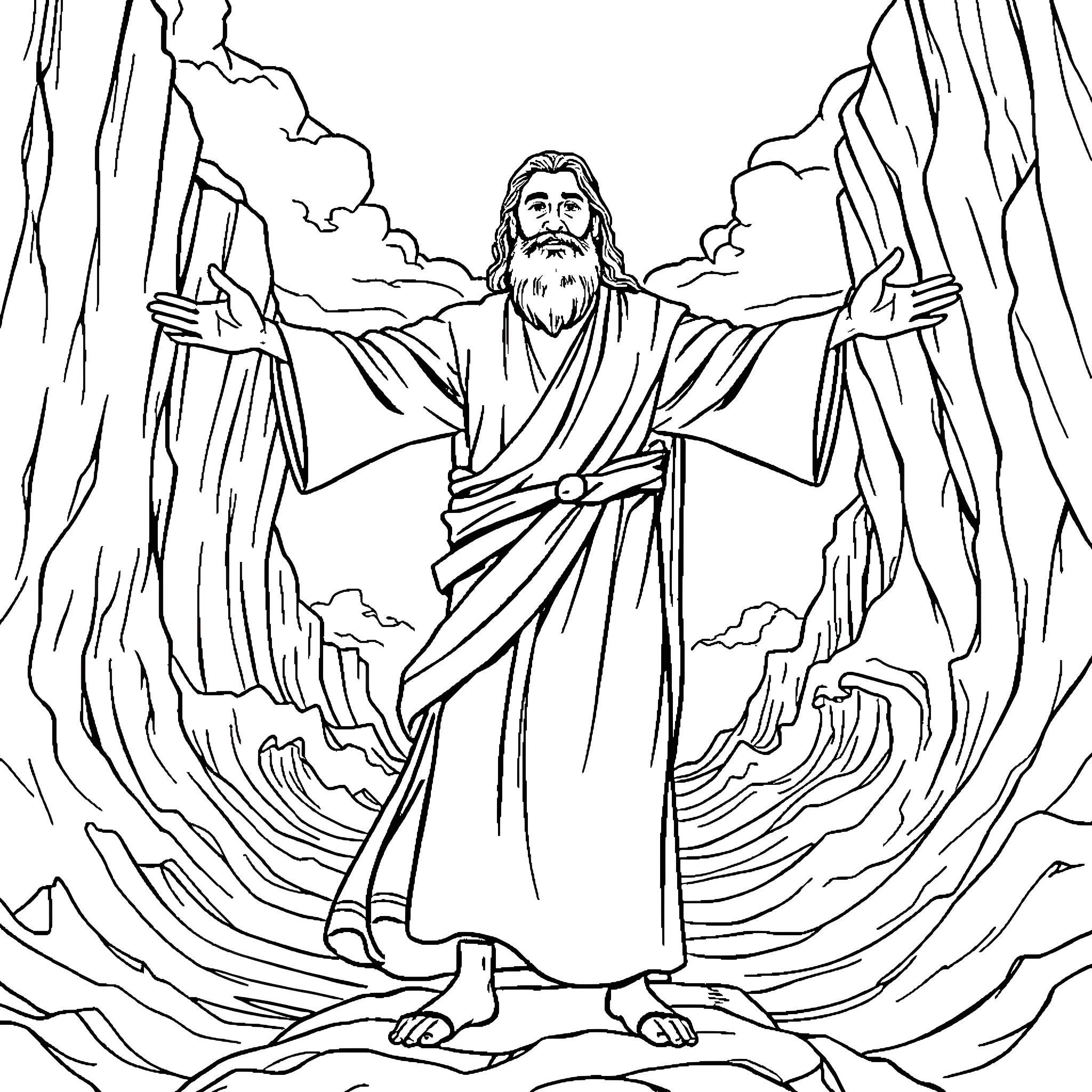 Moses Parts the Red Sea with Outstretched Arms Coloring Page (free black-and-white line drawing printable PDF for all, from beginners to advanced learners, including children, teens, adults, and seniors)