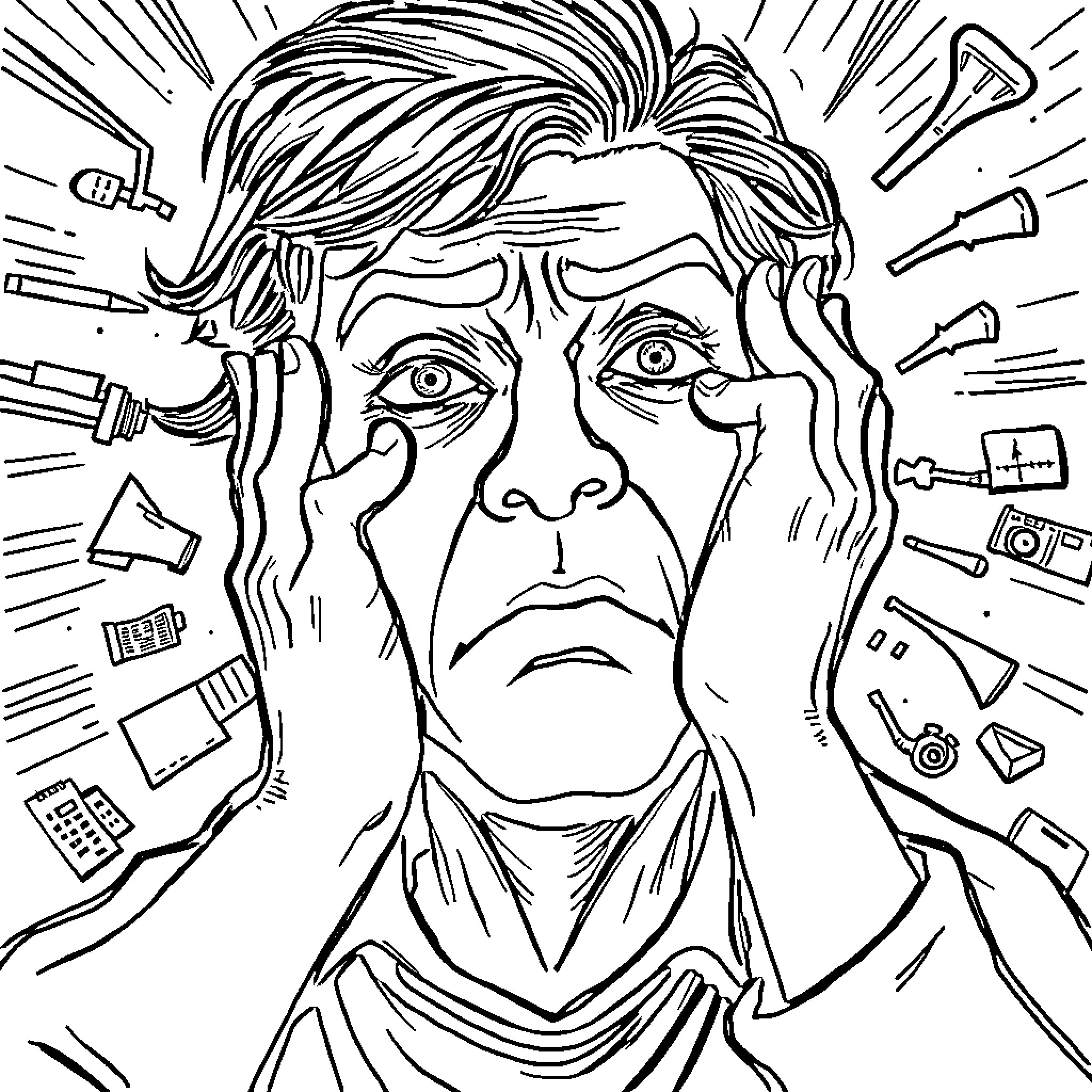 Brainrot - Chaotic Mind Overwhelmed with Gadgets Coloring Page (free black-and-white line drawing printable PDF for all, from beginners to advanced learners, including children, teens, adults, and seniors)