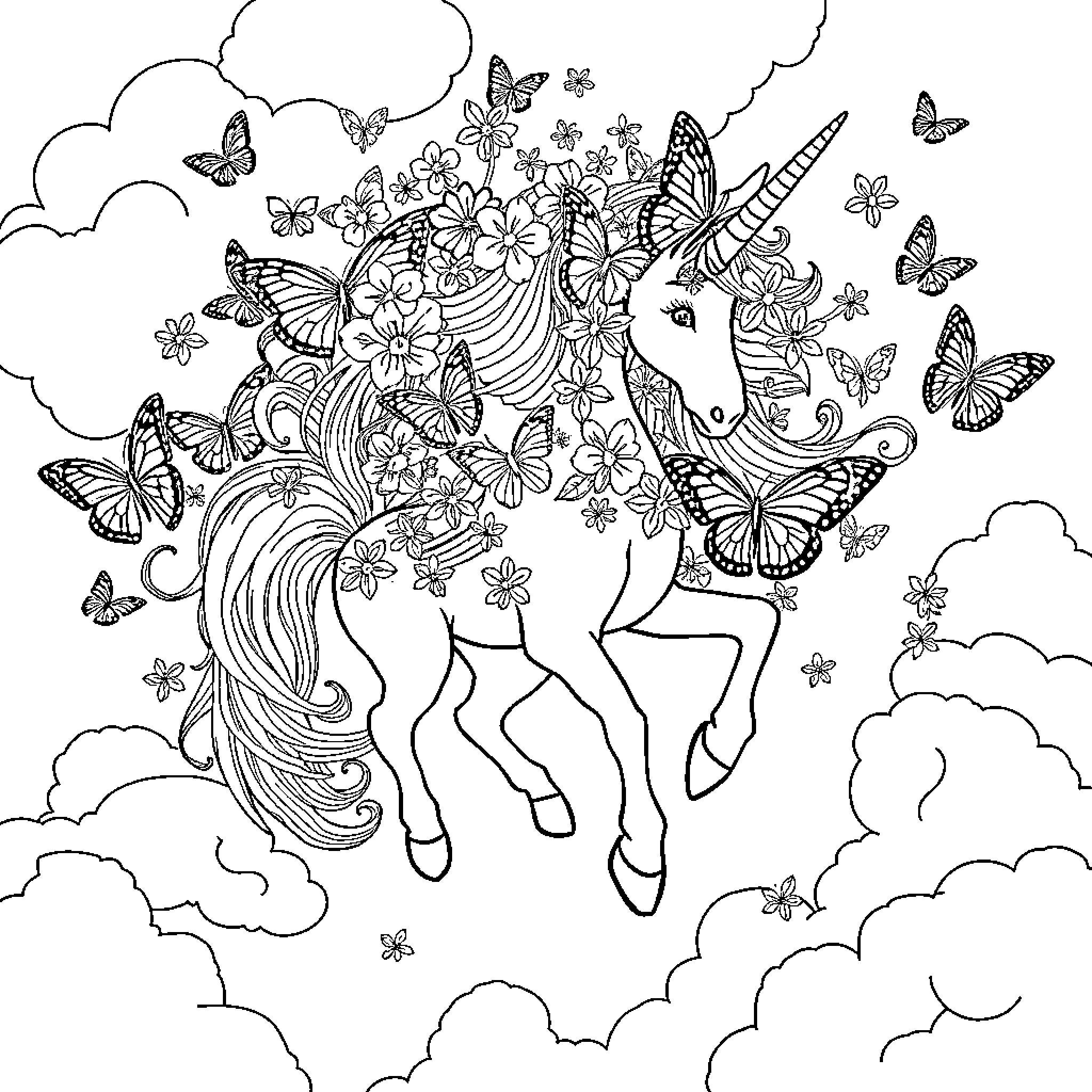 Unicorn surrounded by flowers and butterflies in the sky Coloring Page (free black-and-white line drawing printable PDF for all, from beginners to advanced learners, including children, teens, adults, and seniors)