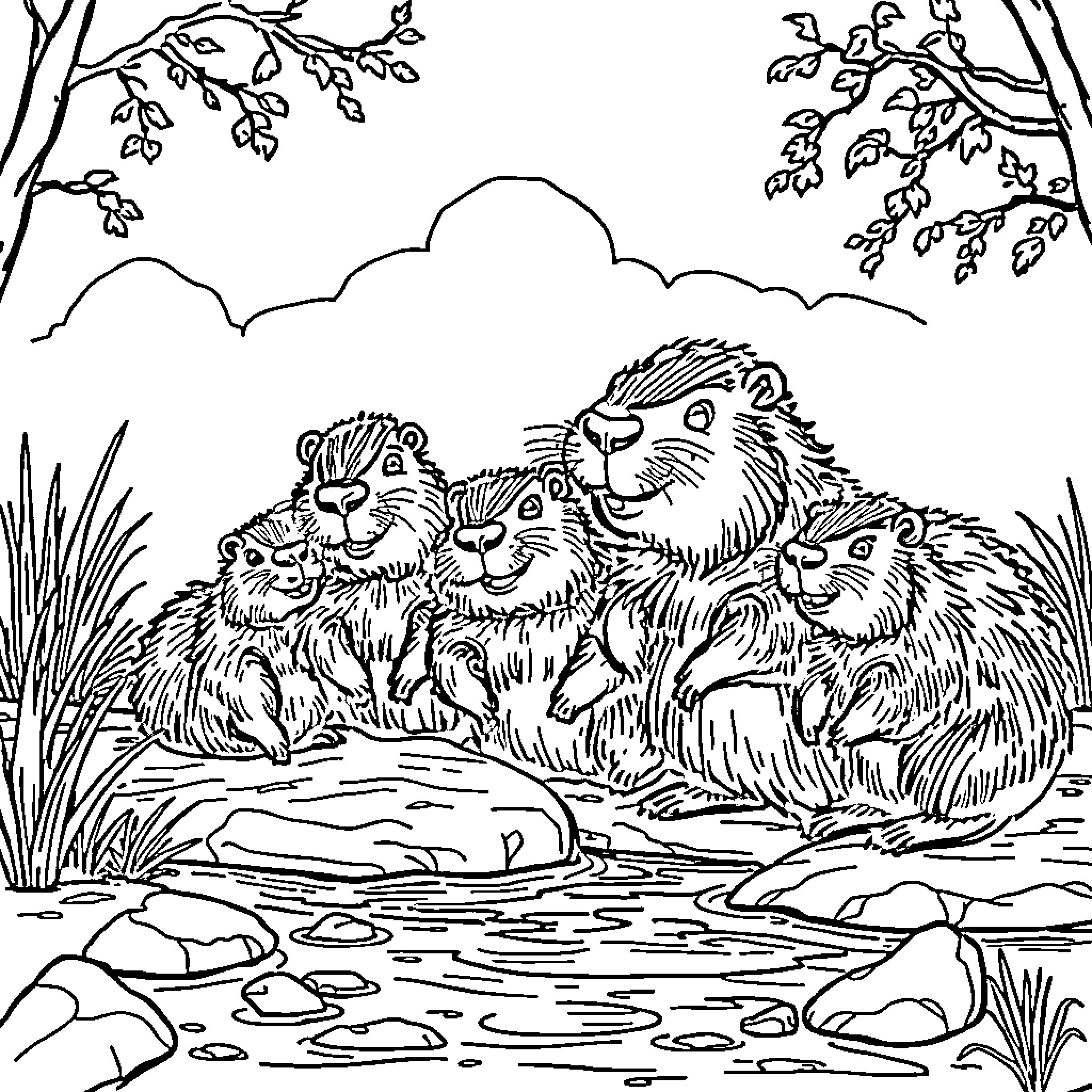 Capybara family enjoying the outdoors Coloring Page (free black-and-white line drawing printable PDF for all, from beginners to advanced learners, including children, teens, adults, and seniors)