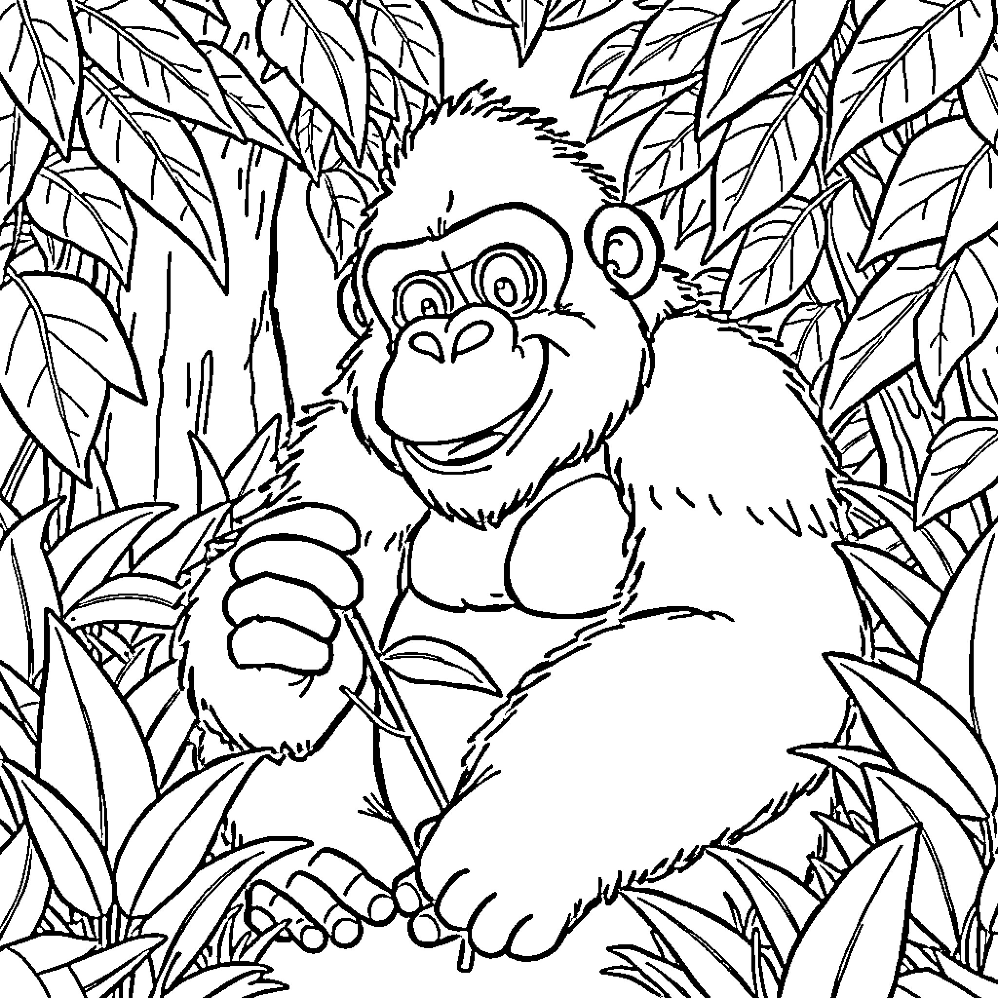 Gorilla lounging playfully in the jungle foliage Coloring Page (free black-and-white line drawing printable PDF for all, from beginners to advanced learners, including children, teens, adults, and seniors)