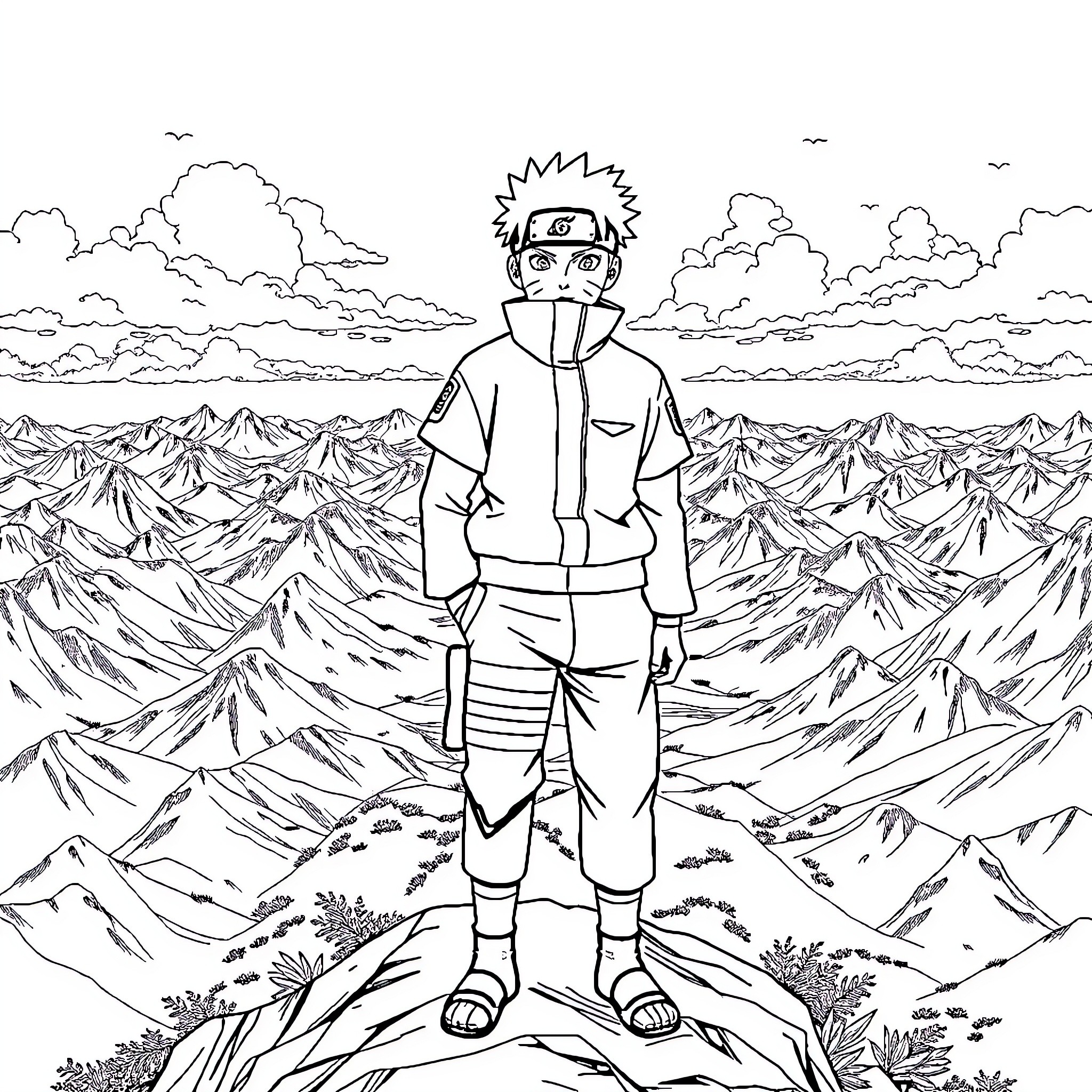 Naruto exploring the mountain landscape Coloring Page (free black-and-white line drawing printable PDF for all, from beginners to advanced learners, including children, teens, adults, and seniors)