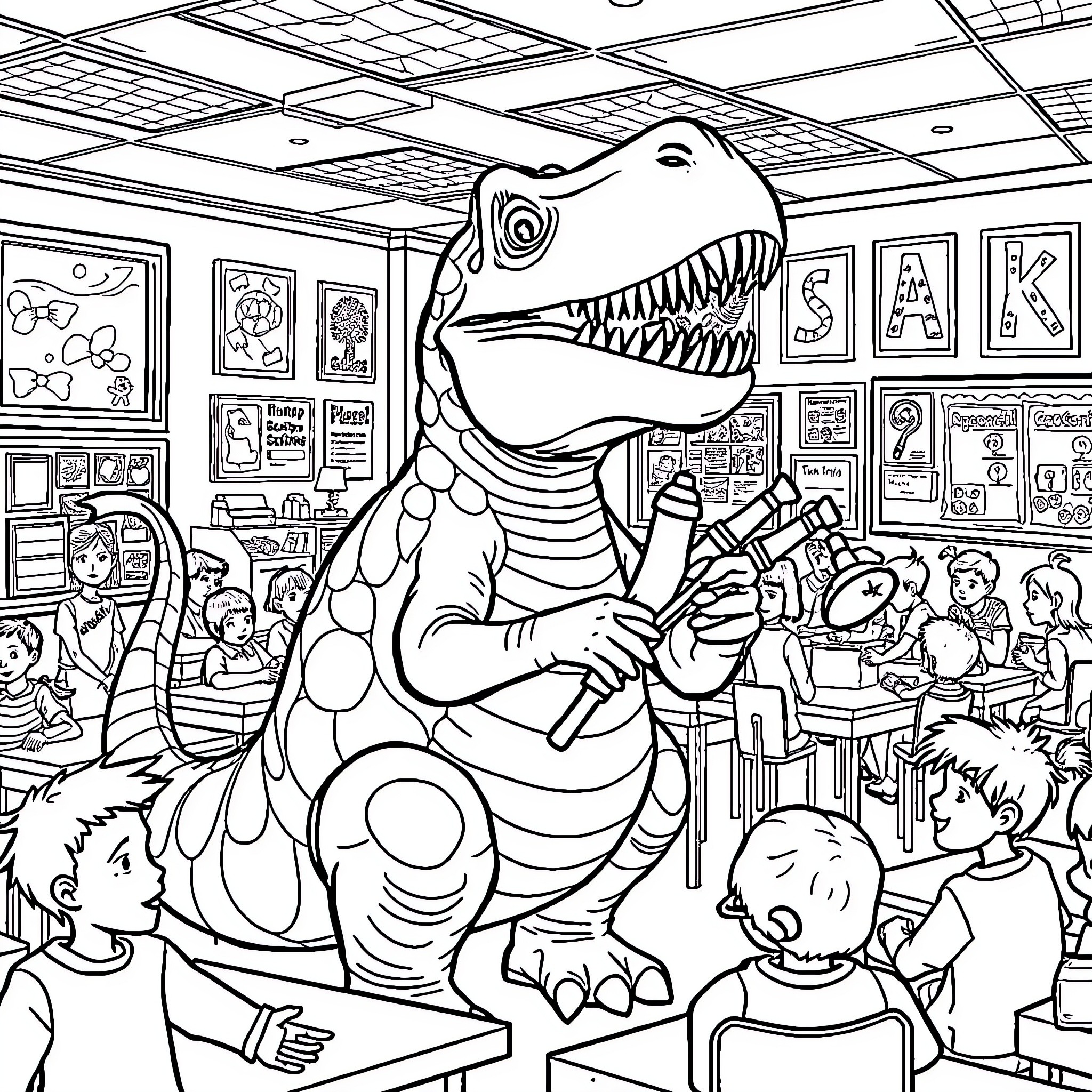 Dinosaur entertains children in the classroom Coloring Page (free black-and-white line drawing printable PDF for all, from beginners to advanced learners, including children, teens, adults, and seniors)