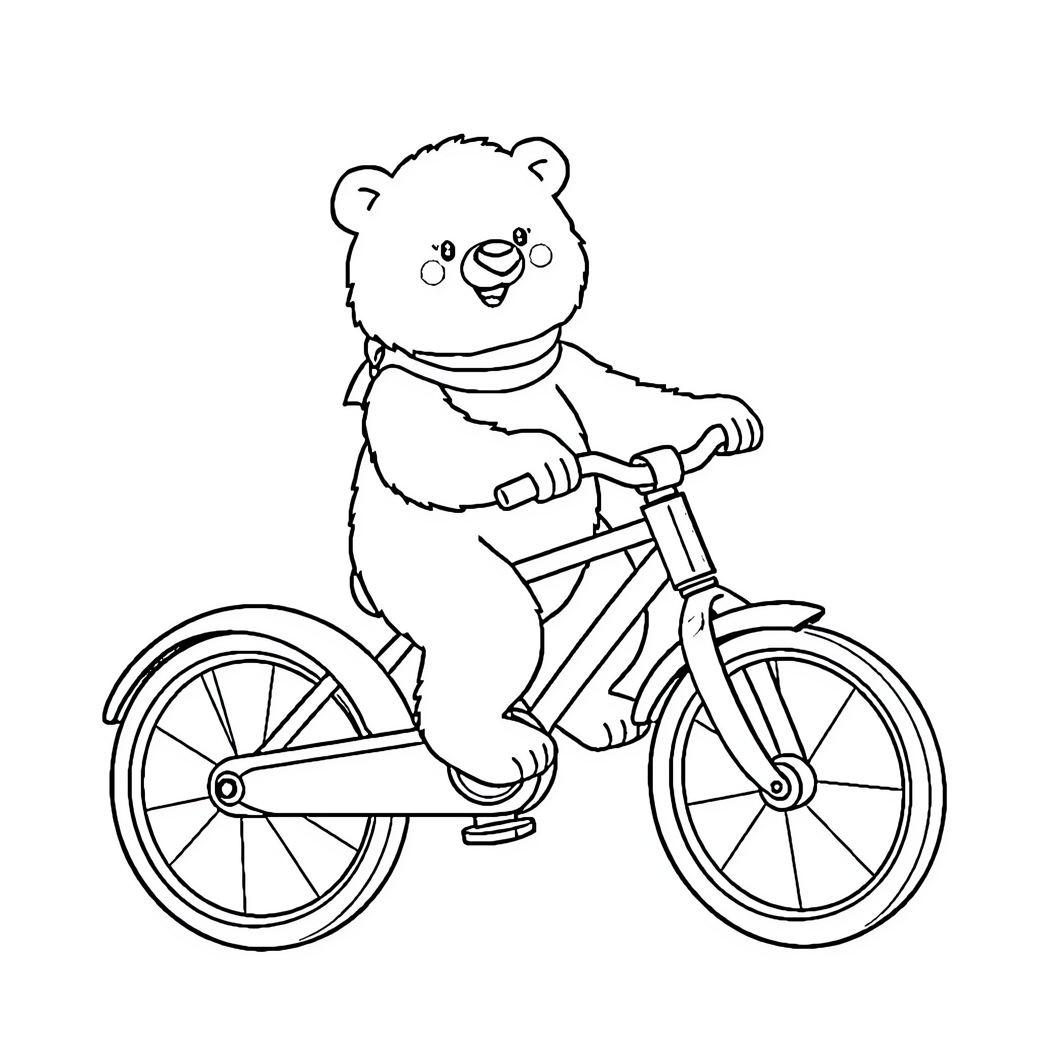 Polar Bear riding a bicycle happily Coloring Page (free black-and-white line drawing printable PDF for all, from beginners to advanced learners, including children, teens, adults, and seniors)