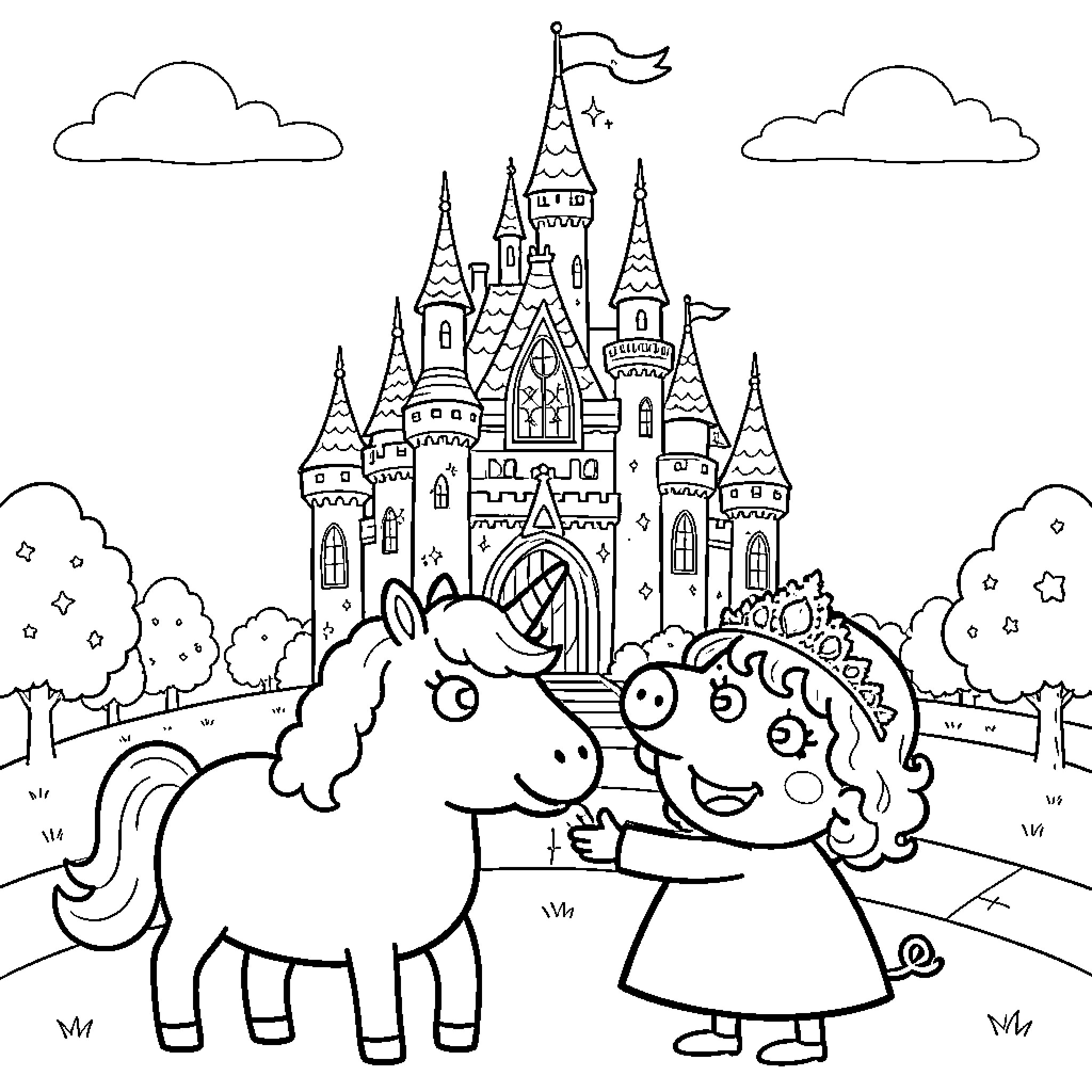 Unicorn and girl exploring magical castle together Coloring Page (free black-and-white line drawing printable PDF for all, from beginners to advanced learners, including children, teens, adults, and seniors)