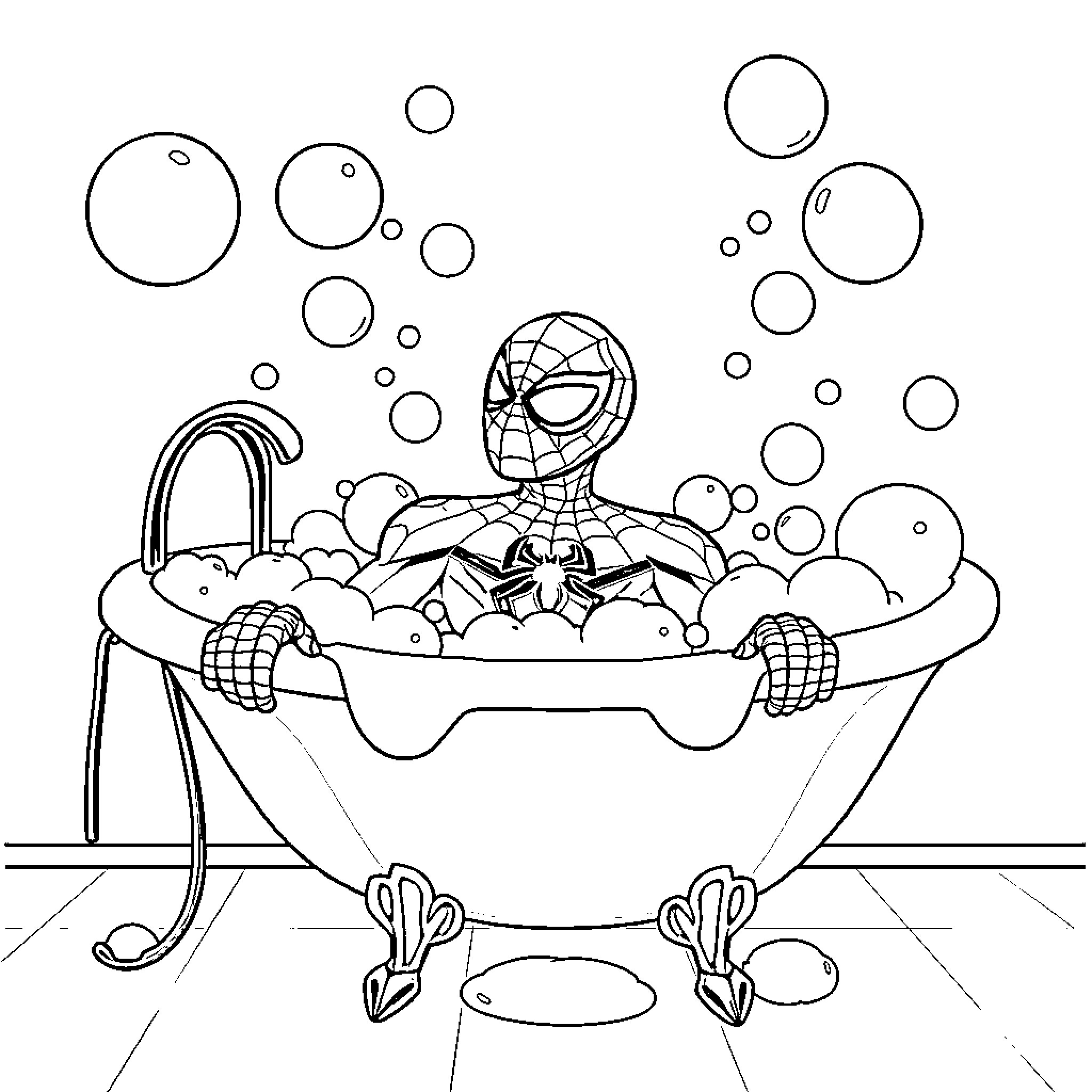 Spider-Man relaxing in a bubble bath Coloring Page (free black-and-white line drawing printable PDF for all, from beginners to advanced learners, including children, teens, adults, and seniors)