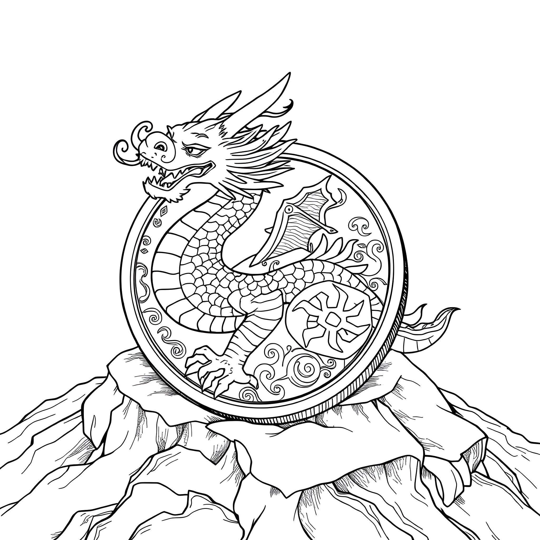 Dragon Emerging from Ornate Circle on Mountainous Terrain Coloring Page (free black-and-white line drawing printable PDF for all, from beginners to advanced learners, including children, teens, adults, and seniors)