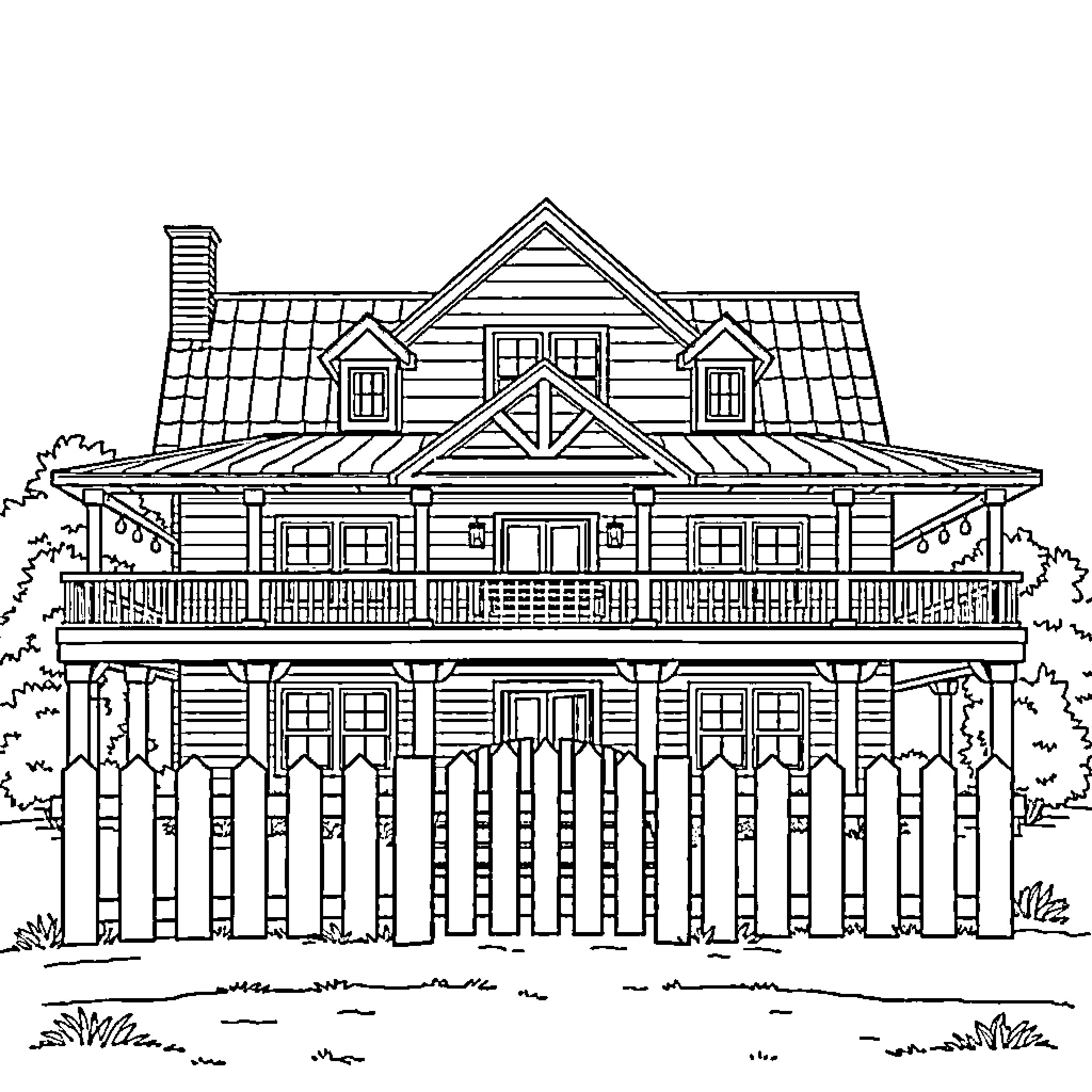 House with detailed exterior and porch Coloring Page (free black-and-white line drawing printable PDF for all, from beginners to advanced learners, including children, teens, adults, and seniors)