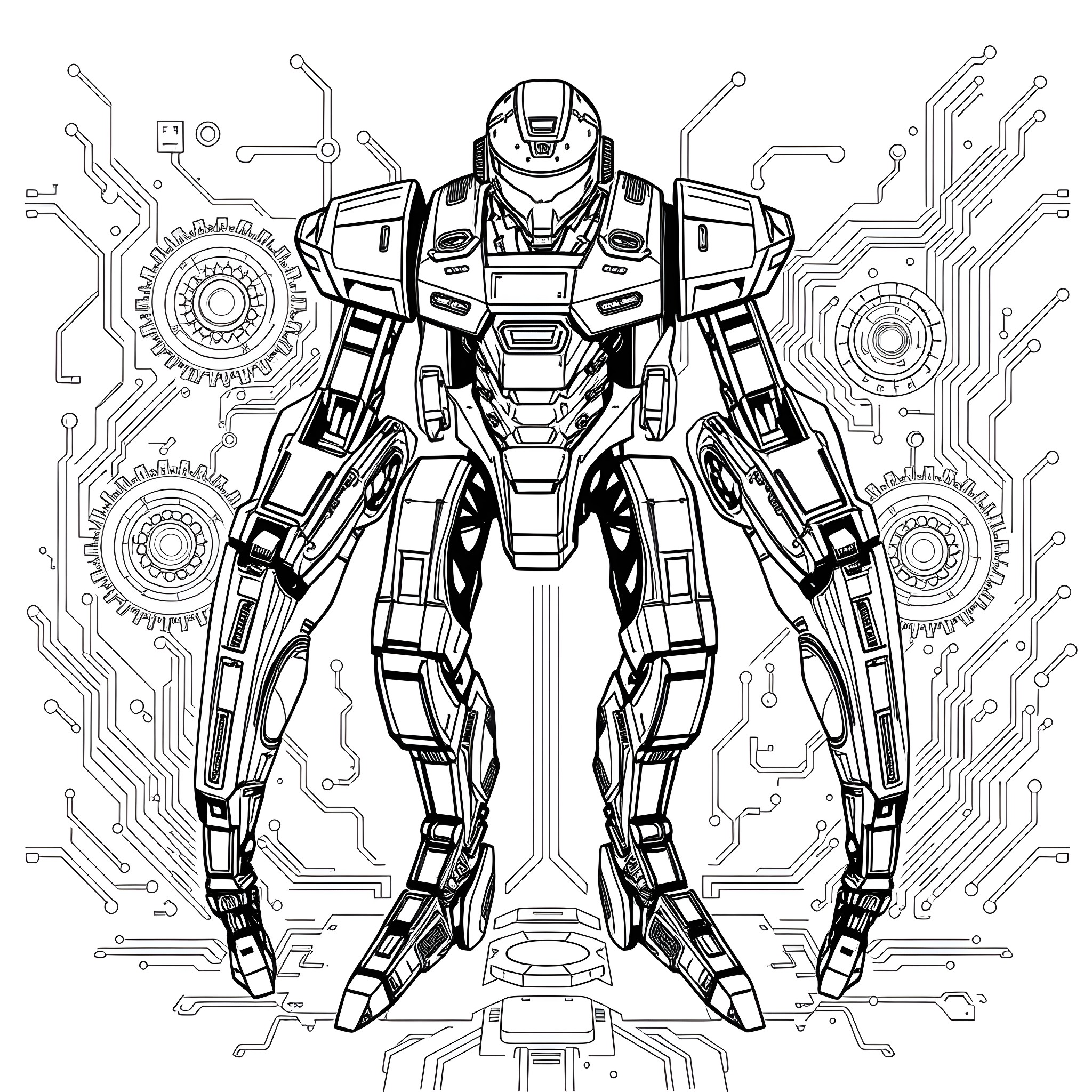 Robot in futuristic cyberpunk battle armor Coloring Page (free black-and-white line drawing printable PDF for all, from beginners to advanced learners, including children, teens, adults, and seniors)