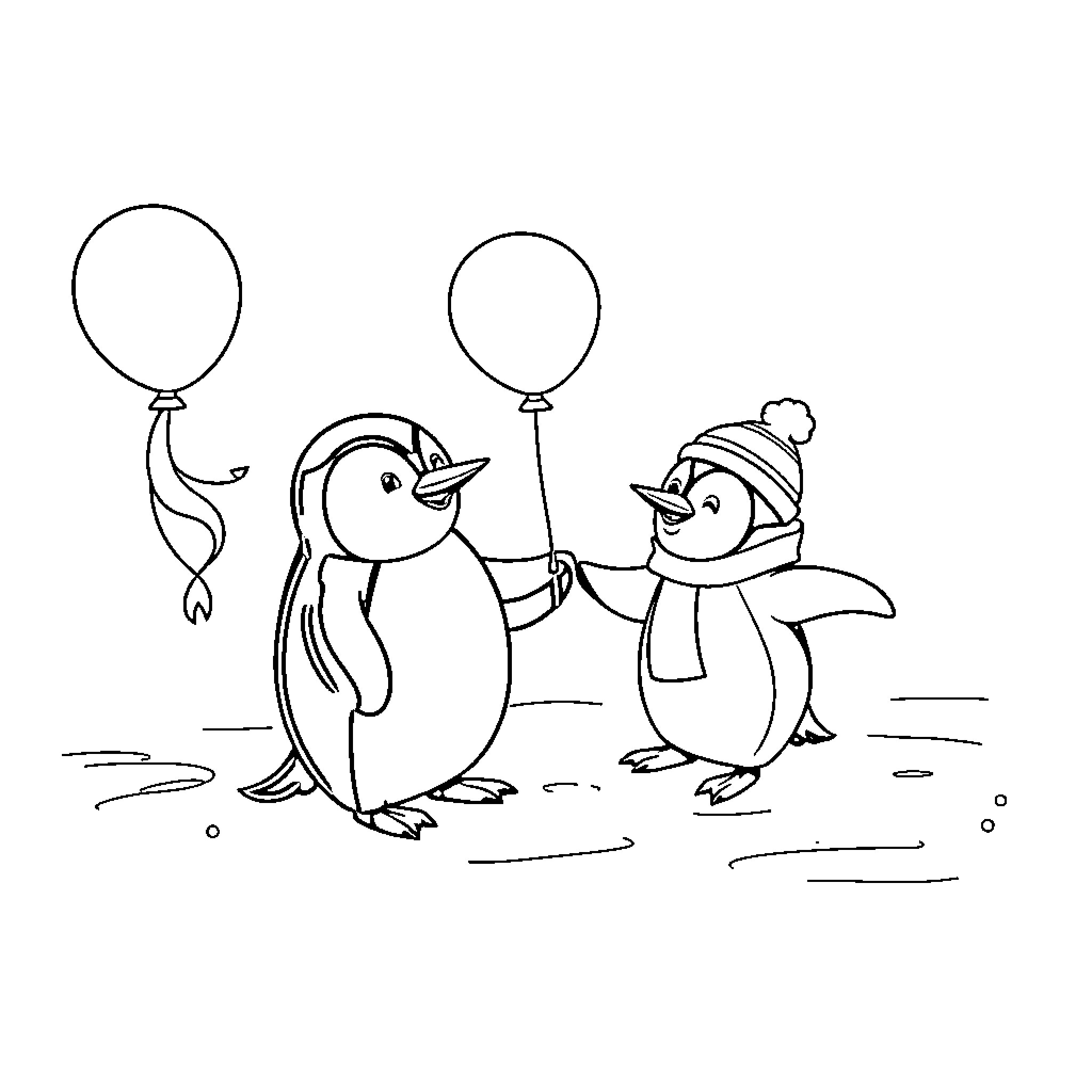 Penguin friends playing with balloons Coloring Page (free black-and-white line drawing printable PDF for all, from beginners to advanced learners, including children, teens, adults, and seniors)