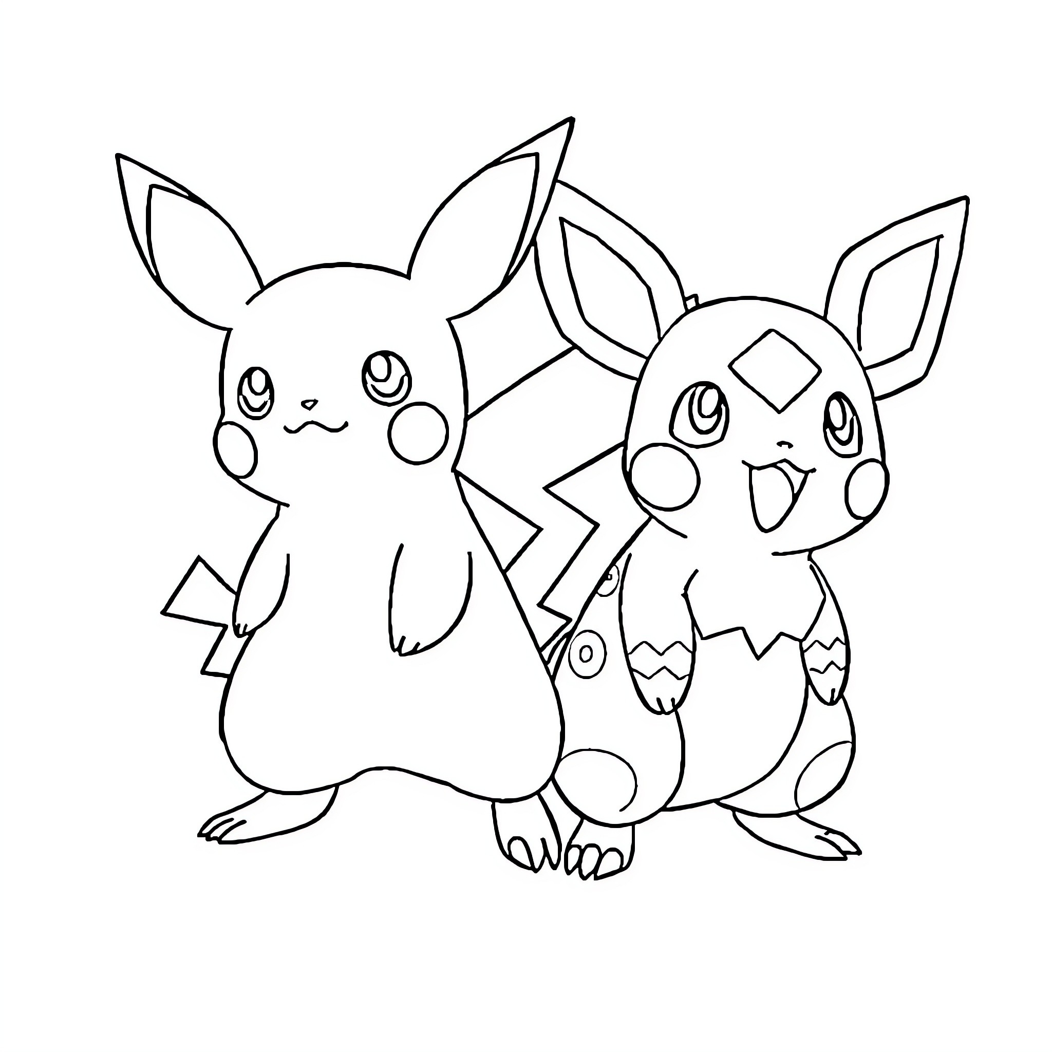 Raichu and Pikachu playing together Coloring Page (free black-and-white line drawing printable PDF for all, from beginners to advanced learners, including children, teens, adults, and seniors)