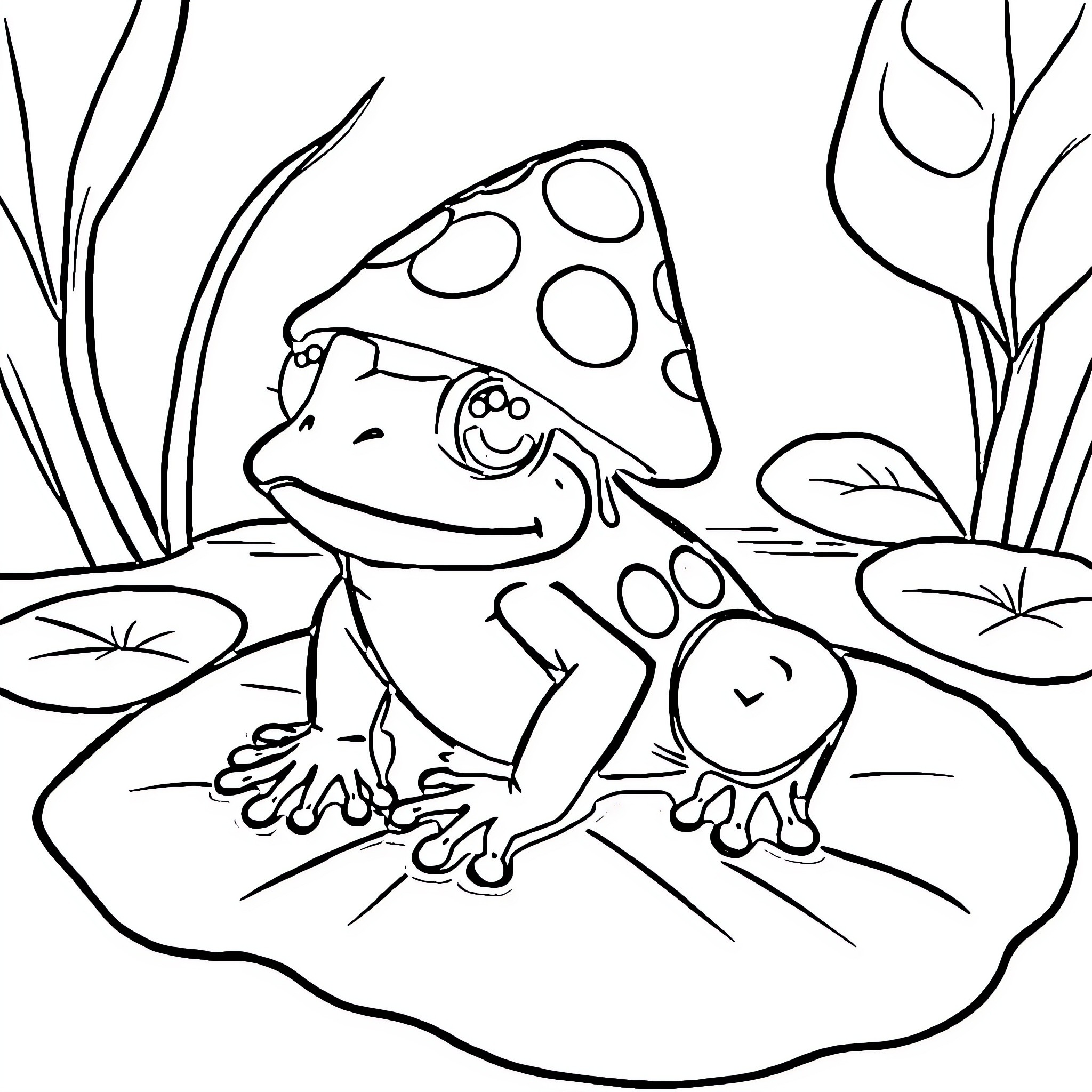 Frog sitting happily on lily pads Coloring Page (free black-and-white line drawing printable PDF for all, from beginners to advanced learners, including children, teens, adults, and seniors)