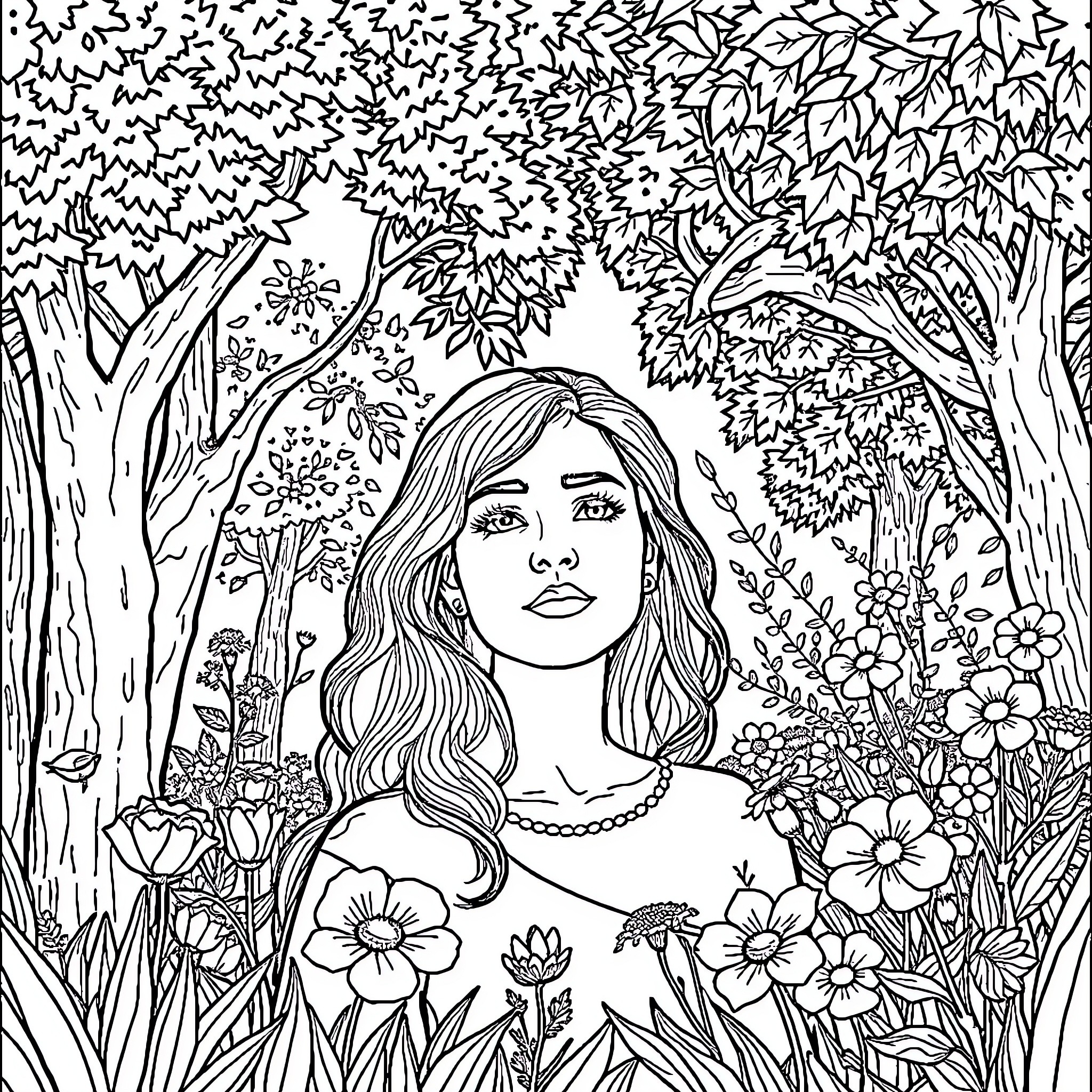 Nature's Enchantress: A Woman Amidst Vibrant Foliage Coloring Page (free black-and-white line drawing printable PDF for all, from beginners to advanced learners, including children, teens, adults, and seniors)