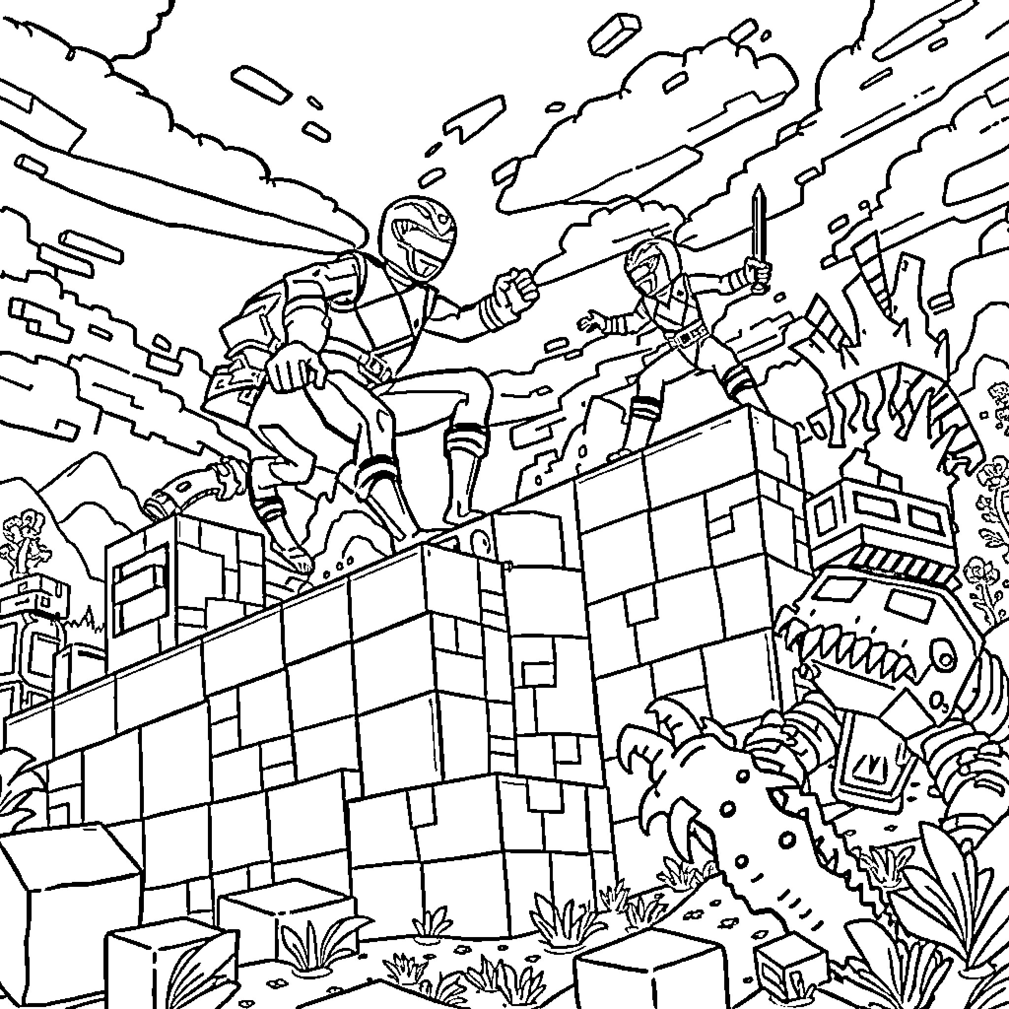 Power Rangers Battling Epic Villain in Futuristic Cityscape Coloring Page (free black-and-white line drawing printable PDF for all, from beginners to advanced learners, including children, teens, adults, and seniors)