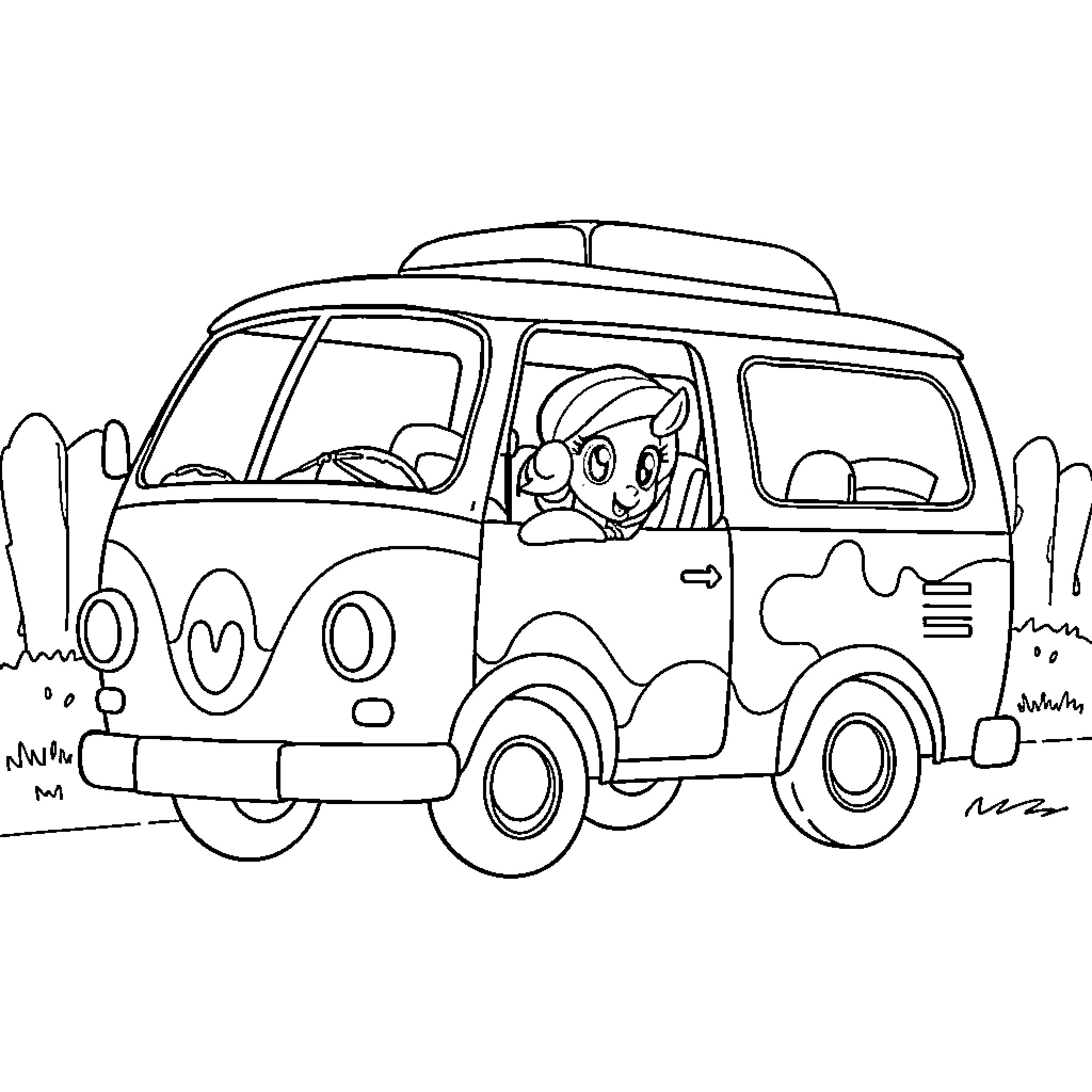 Pony driving a quirky camper van on an adventure Coloring Page (free black-and-white line drawing printable PDF for all, from beginners to advanced learners, including children, teens, adults, and seniors)