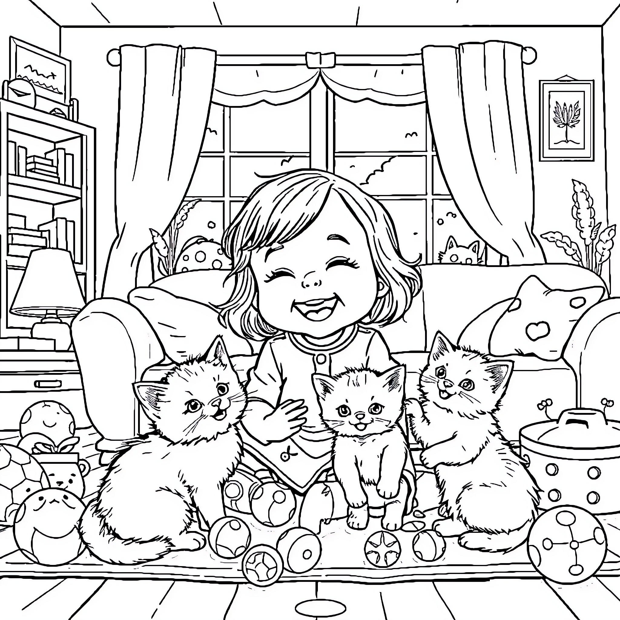Baby Girl Happily Playing with Kittens at Home Coloring Page (free black-and-white line drawing printable PDF for all, from beginners to advanced learners, including children, teens, adults, and seniors)