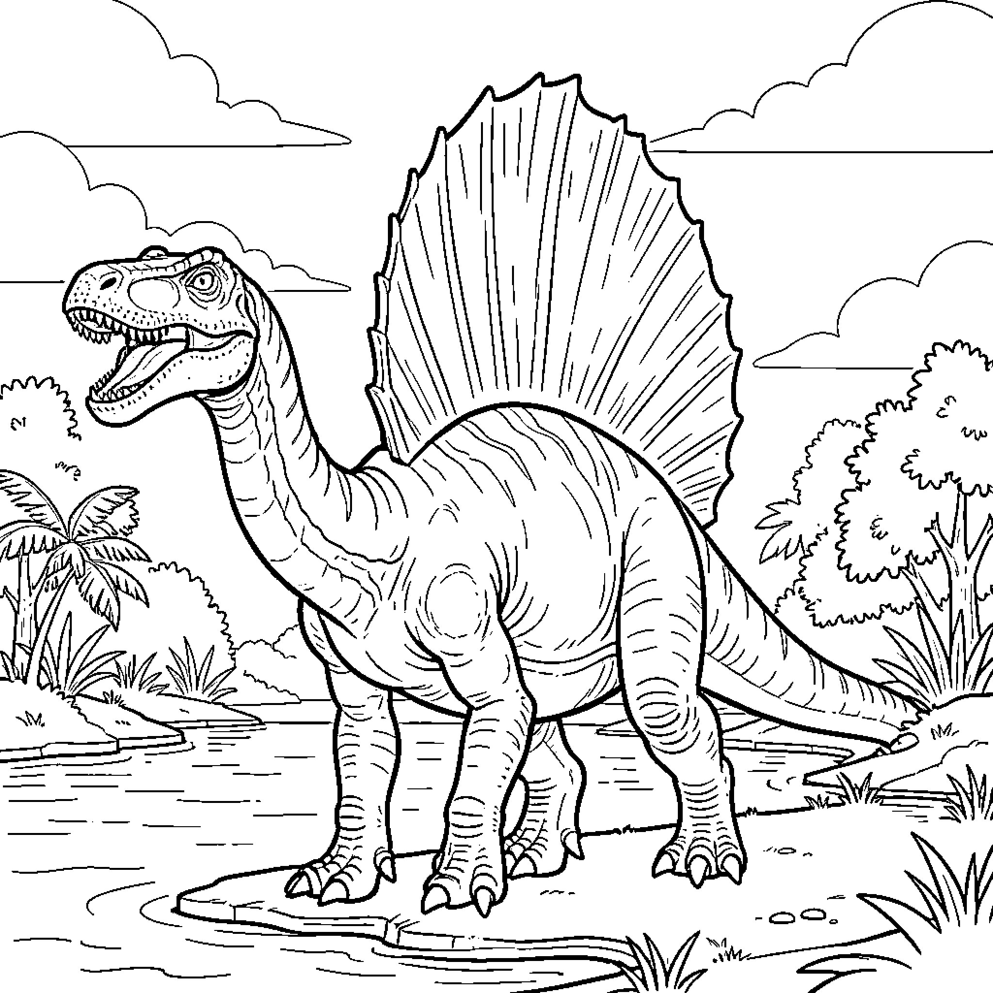 Spinosaurus standing near a river in a prehistoric landscape Coloring Page (free black-and-white line drawing printable PDF for all, from beginners to advanced learners, including children, teens, adults, and seniors)