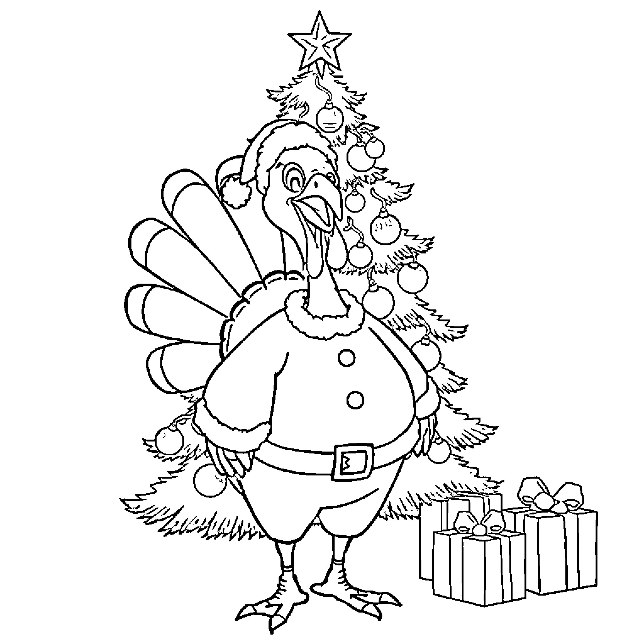 Turkey decorating Christmas tree with ornaments Coloring Page (free black-and-white line drawing printable PDF for all, from beginners to advanced learners, including children, teens, adults, and seniors)