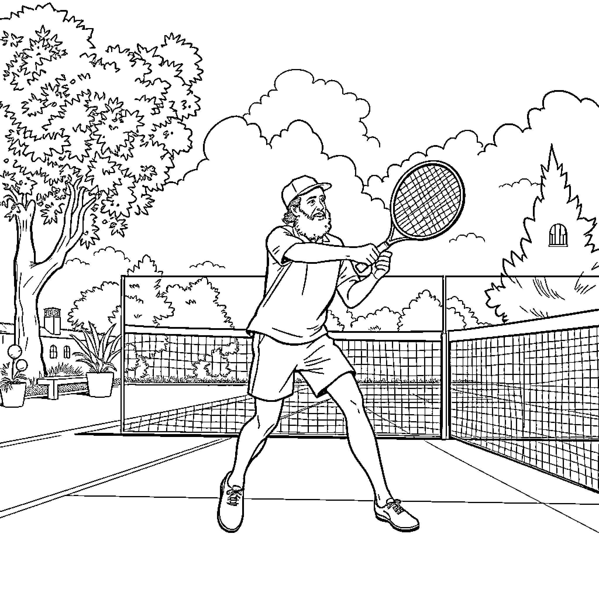 Constantin Brancusi playing tennis on a court Coloring Page (free black-and-white line drawing printable PDF for all, from beginners to advanced learners, including children, teens, adults, and seniors)