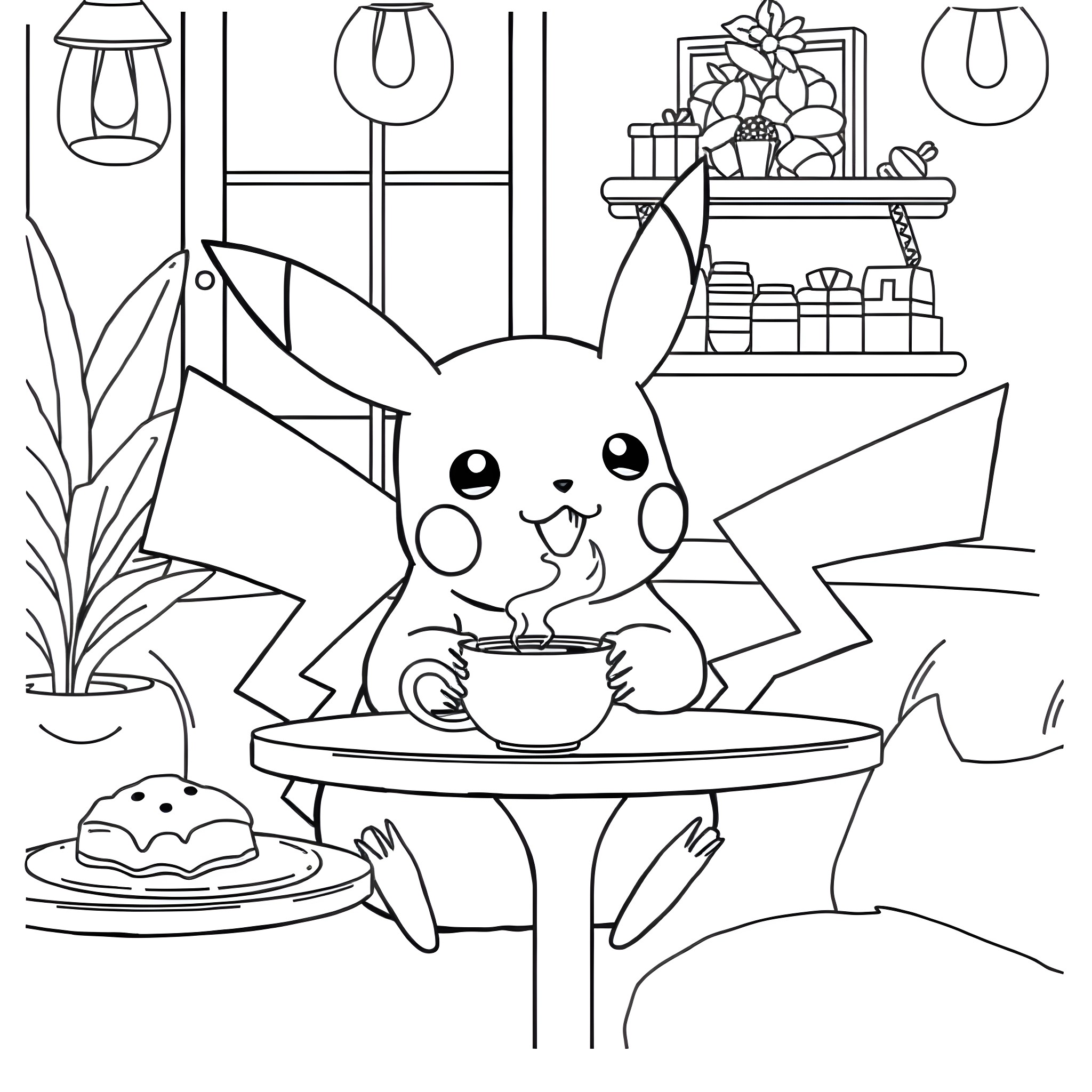 Pikachu enjoying a cozy cafe scene Coloring Page (free black-and-white line drawing printable PDF for all, from beginners to advanced learners, including children, teens, adults, and seniors)
