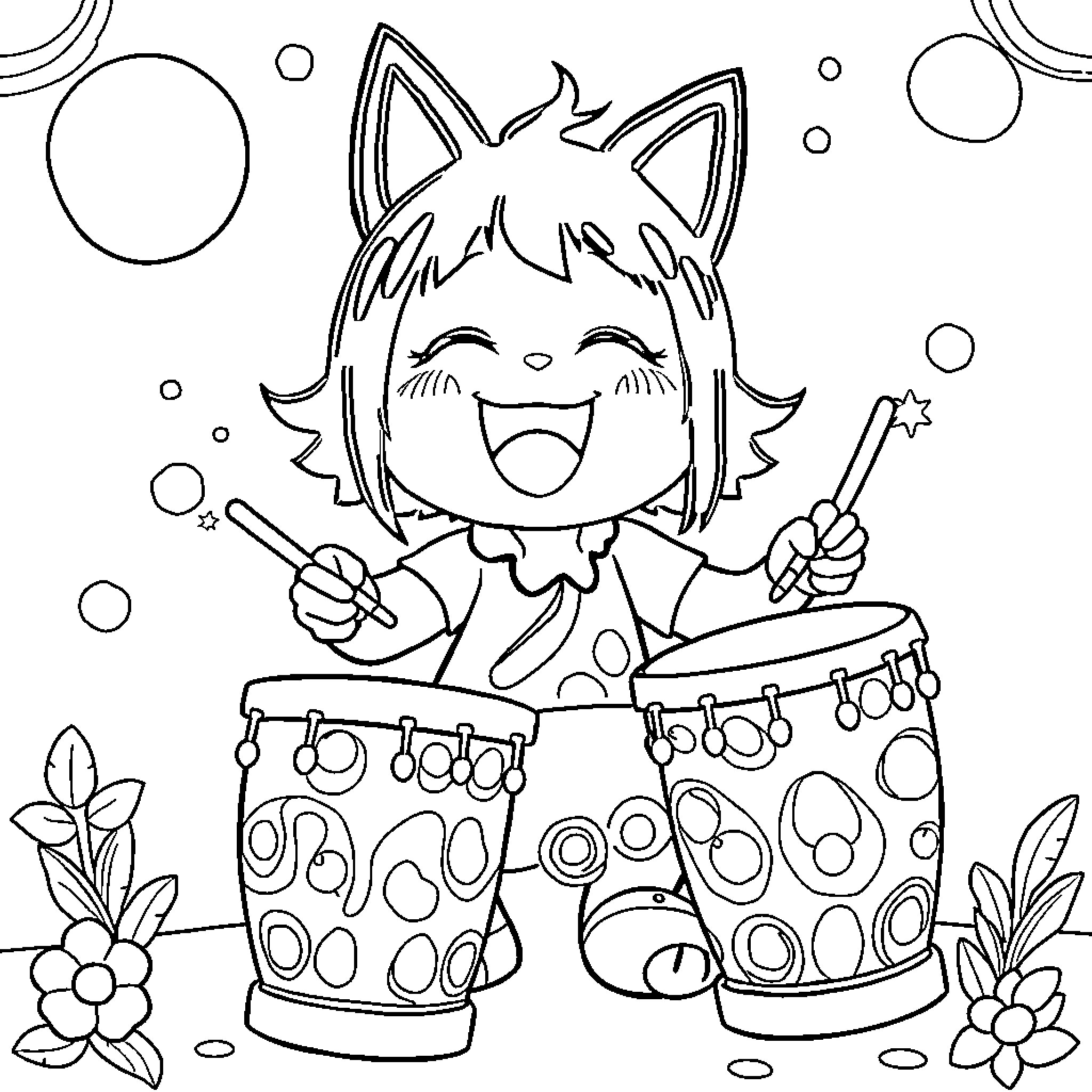 Kuromi joyfully playing drums in a whimsical setting Coloring Page (free black-and-white line drawing printable PDF for all, from beginners to advanced learners, including children, teens, adults, and seniors)