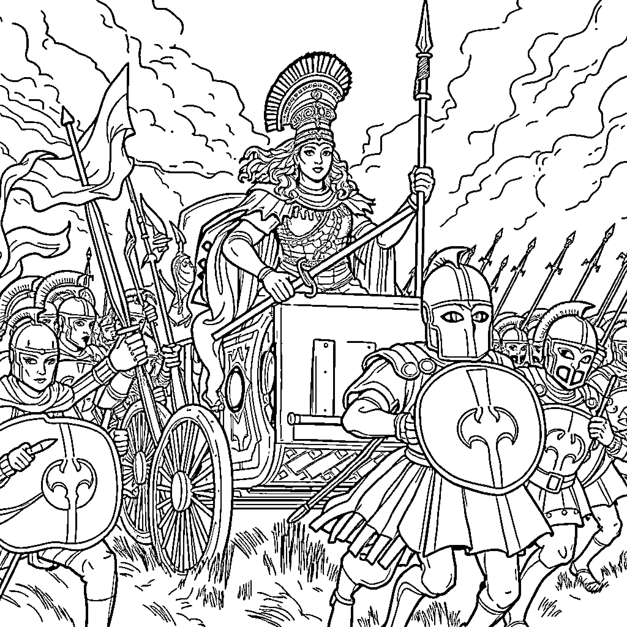 Boudicca leading her army in battle against the Romans Coloring Page (free black-and-white line drawing printable PDF for all, from beginners to advanced learners, including children, teens, adults, and seniors)