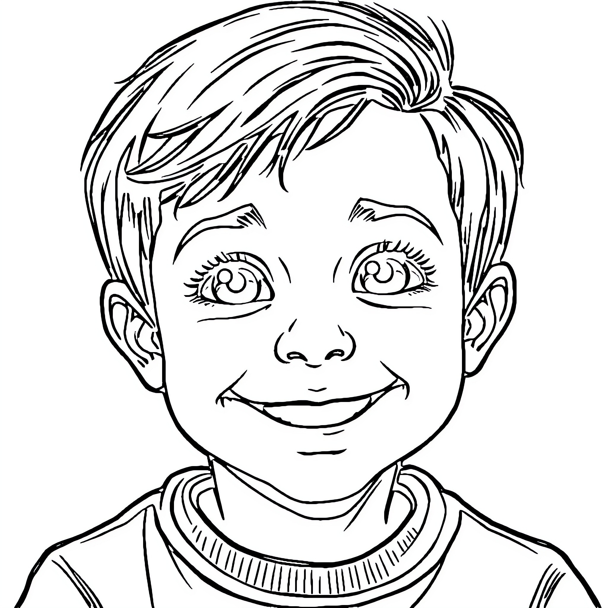 Boy with cheerful expression and messy hair Coloring Page (free black-and-white line drawing printable PDF for all, from beginners to advanced learners, including children, teens, adults, and seniors)