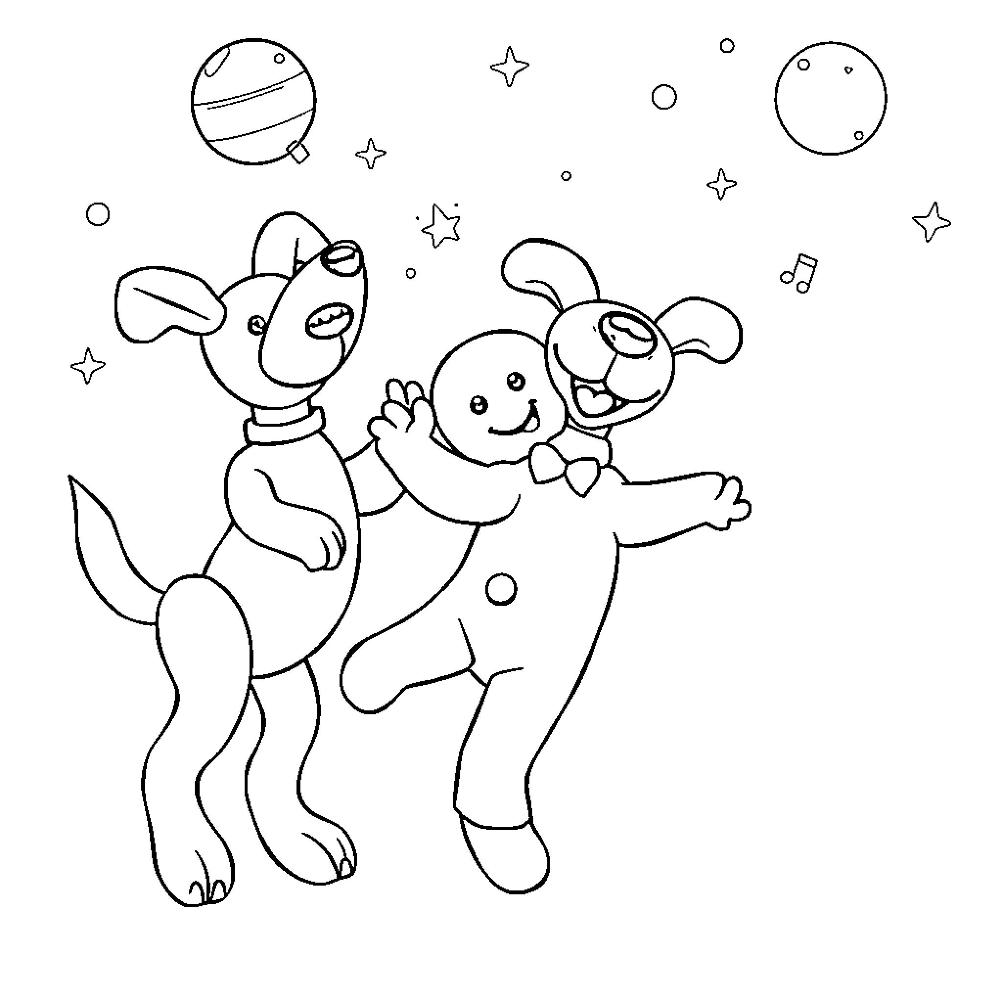 Ballondog playing happily with friends in the stars Coloring Page (free black-and-white line drawing printable PDF for all, from beginners to advanced learners, including children, teens, adults, and seniors)