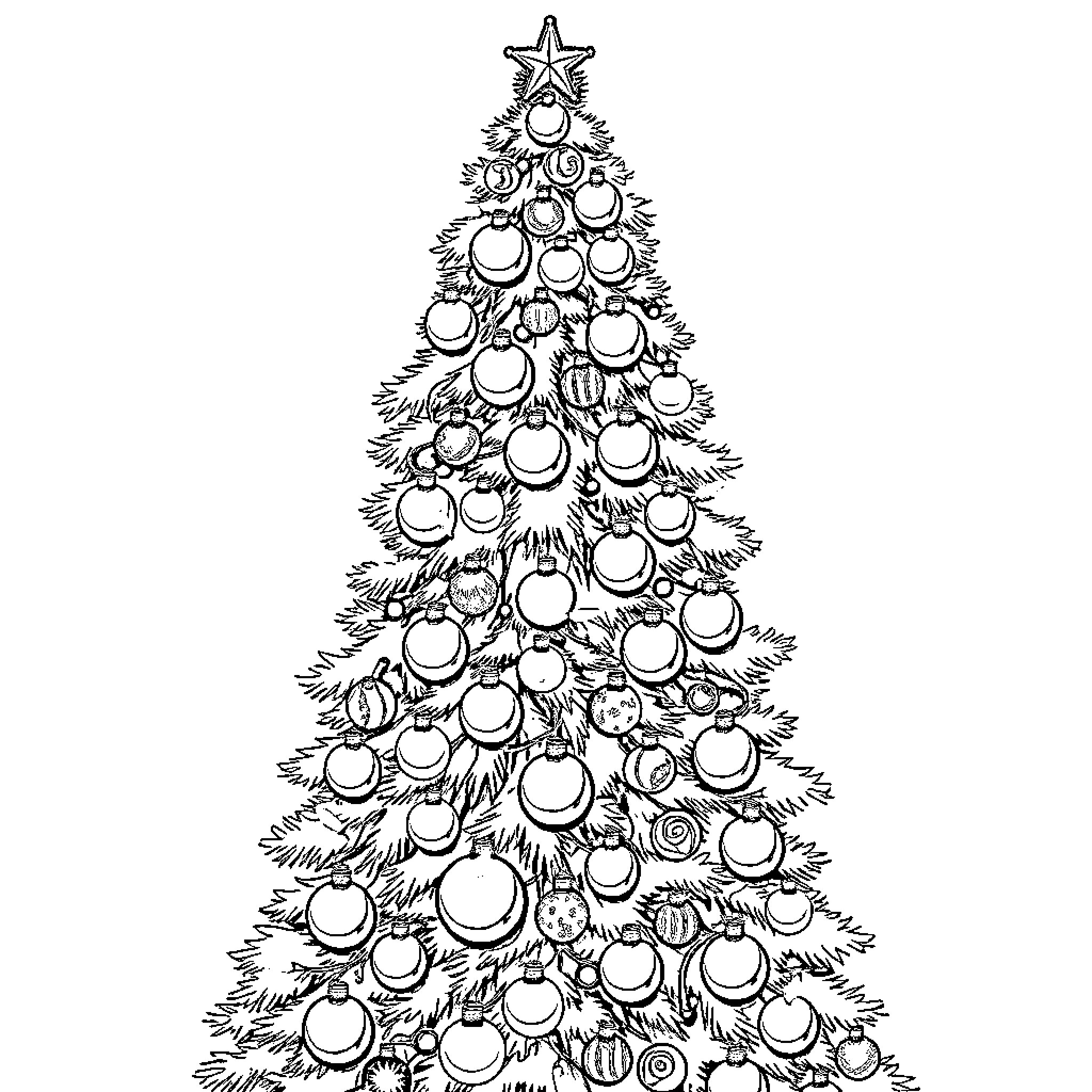Christmas Tree Decorated with Holiday Ornaments Coloring Page (free black-and-white line drawing printable PDF for all, from beginners to advanced learners, including children, teens, adults, and seniors)