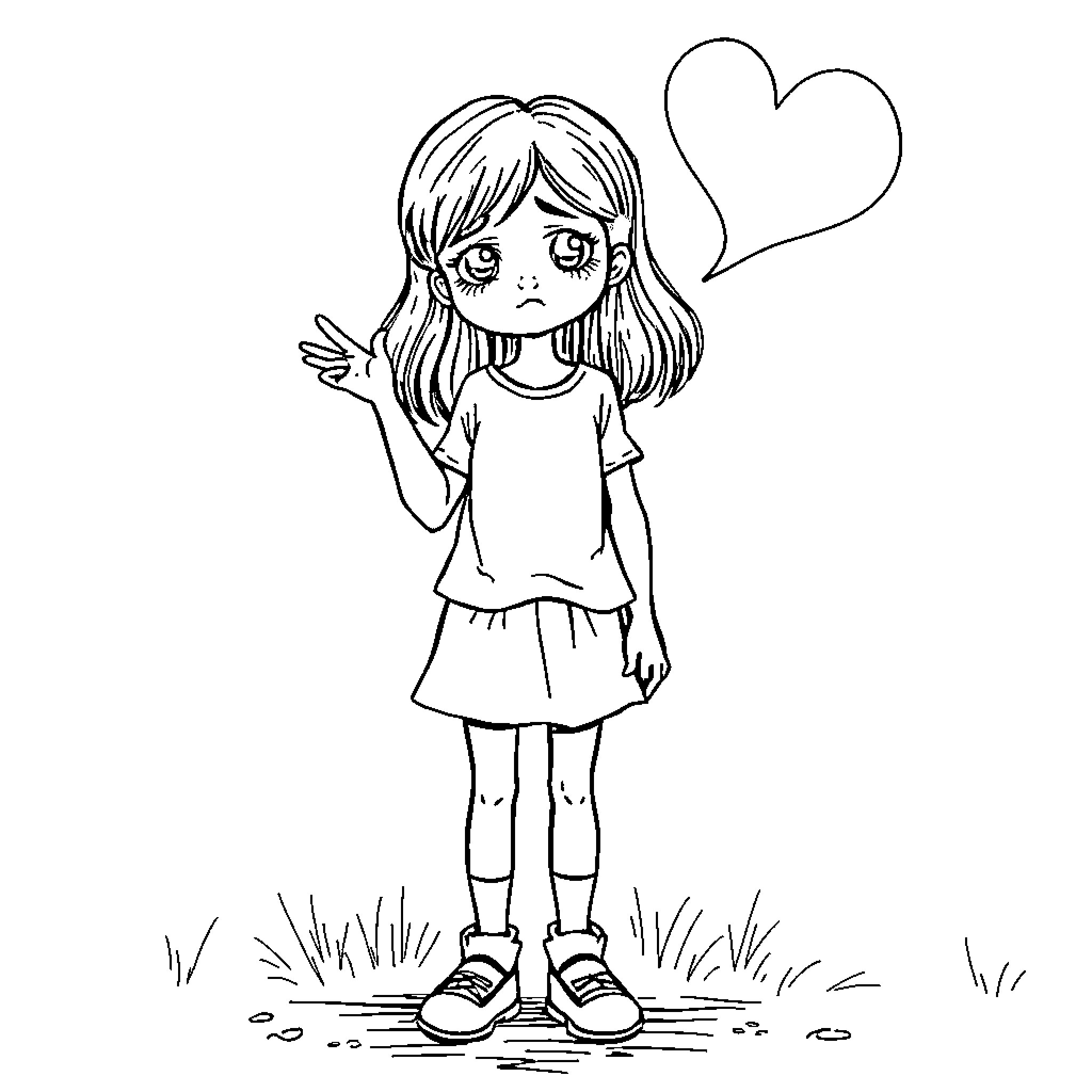 Girl expressing sadness with heart symbol Coloring Page (free black-and-white line drawing printable PDF for all, from beginners to advanced learners, including children, teens, adults, and seniors)