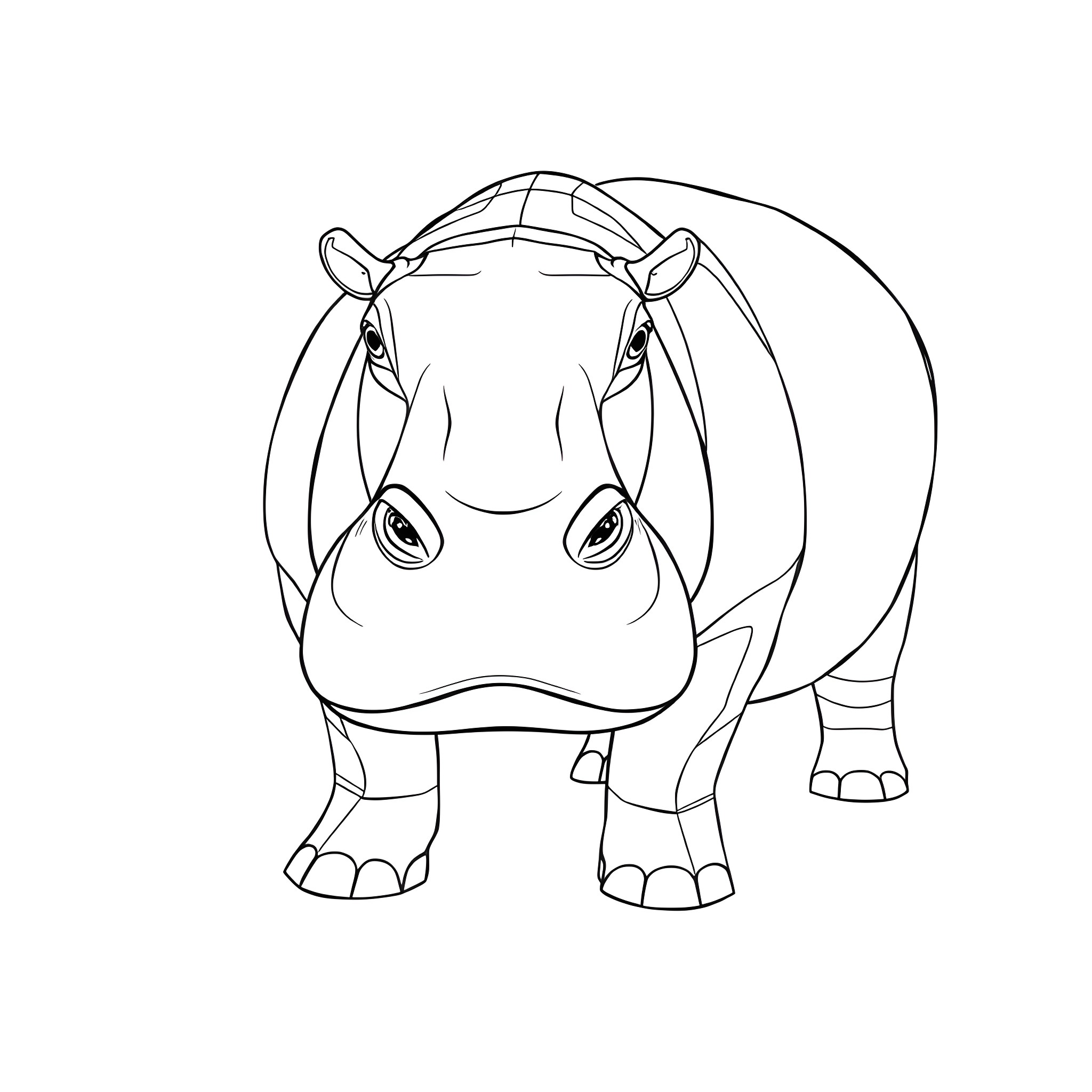 Hippo standing with curiosity Coloring Page (free black-and-white line drawing printable PDF for all, from beginners to advanced learners, including children, teens, adults, and seniors)