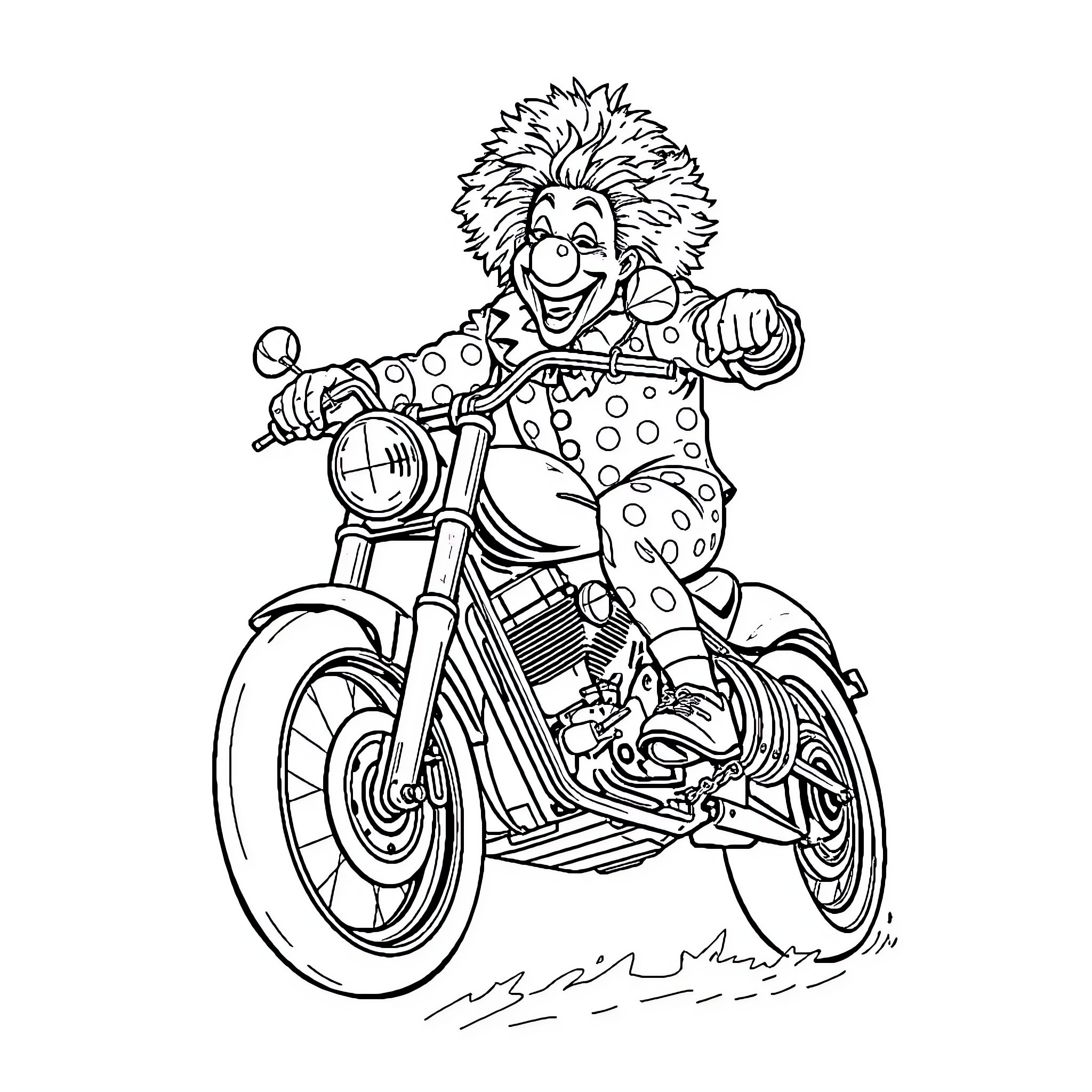 Clown riding a motorcycle with enthusiasm Coloring Page (free black-and-white line drawing printable PDF for all, from beginners to advanced learners, including children, teens, adults, and seniors)