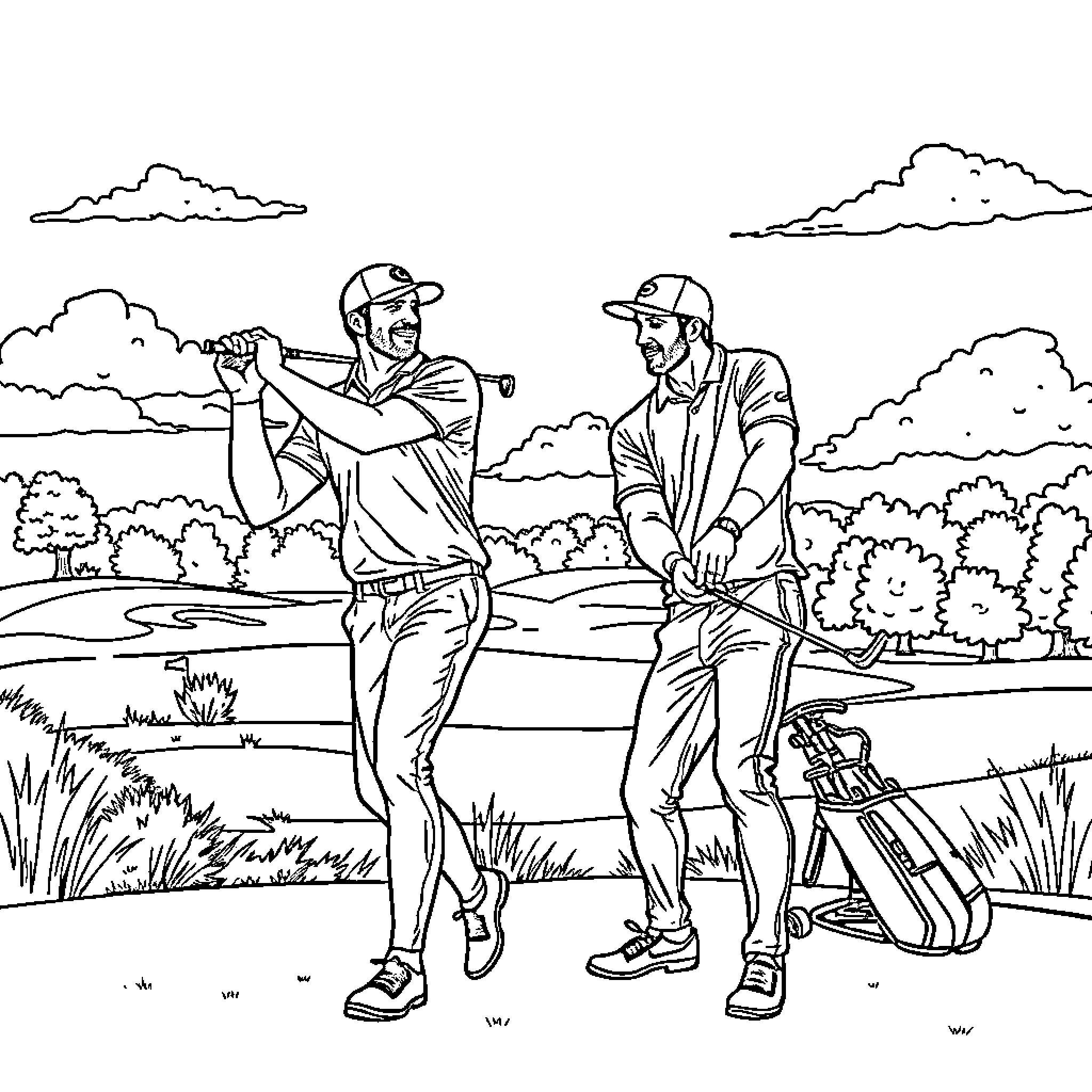 Golf Enthusiasts Enjoying Outdoor Game on Course Coloring Page (free black-and-white line drawing printable PDF for all, from beginners to advanced learners, including children, teens, adults, and seniors)