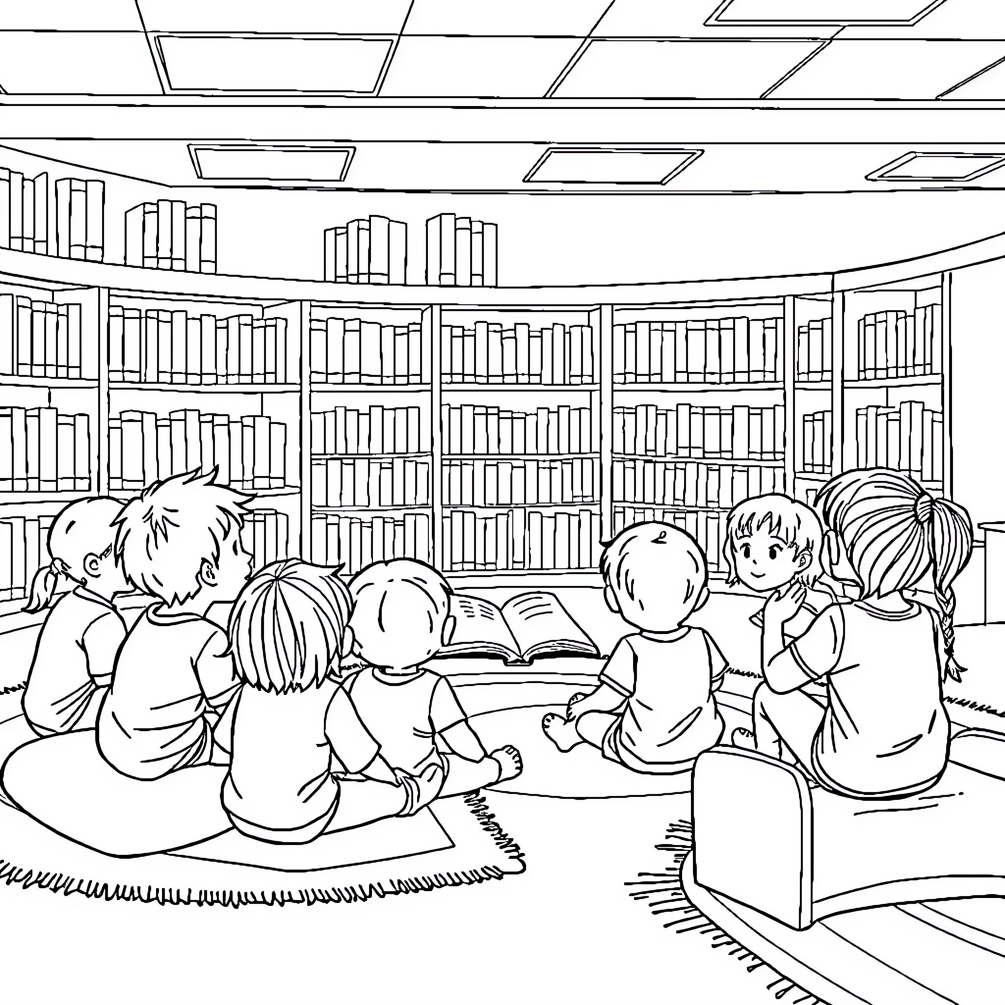 Children reading books in library Coloring Page (free black-and-white line drawing printable PDF for all, from beginners to advanced learners, including children, teens, adults, and seniors)