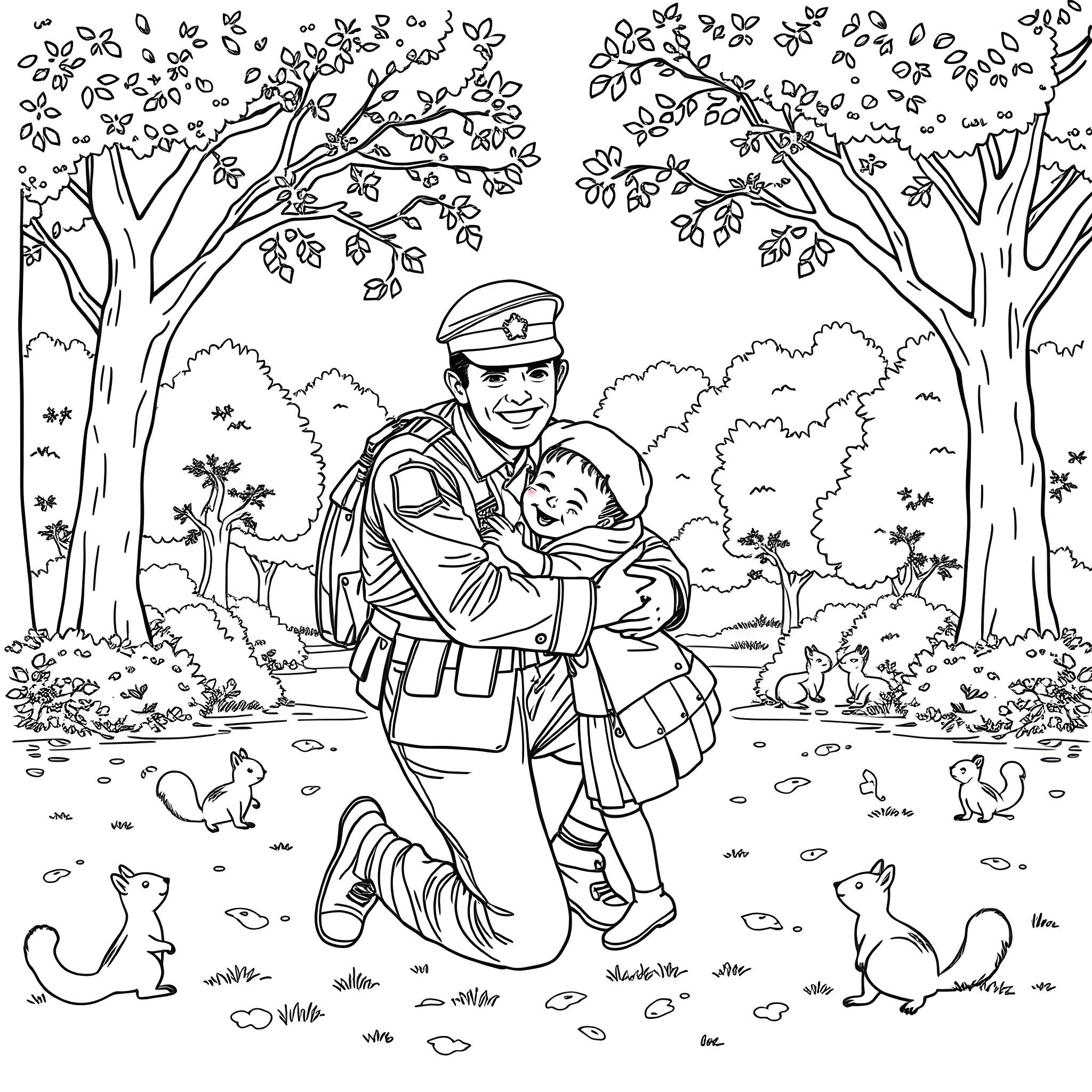 Soldier comforting child in nature setting Coloring Page (free black-and-white line drawing printable PDF for all, from beginners to advanced learners, including children, teens, adults, and seniors)