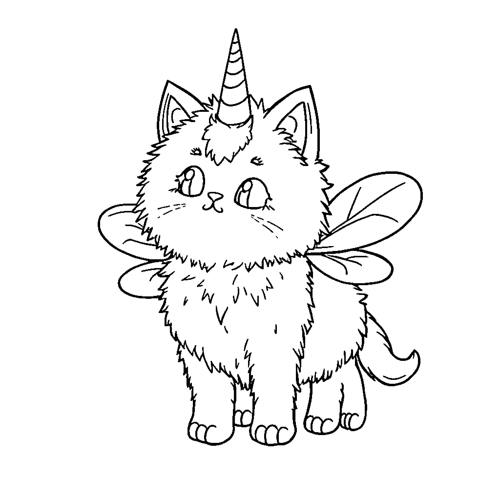 Kitty Unicorn-Cat in Whimsical Pose Coloring Page (free black-and-white line drawing printable PDF for all, from beginners to advanced learners, including children, teens, adults, and seniors)