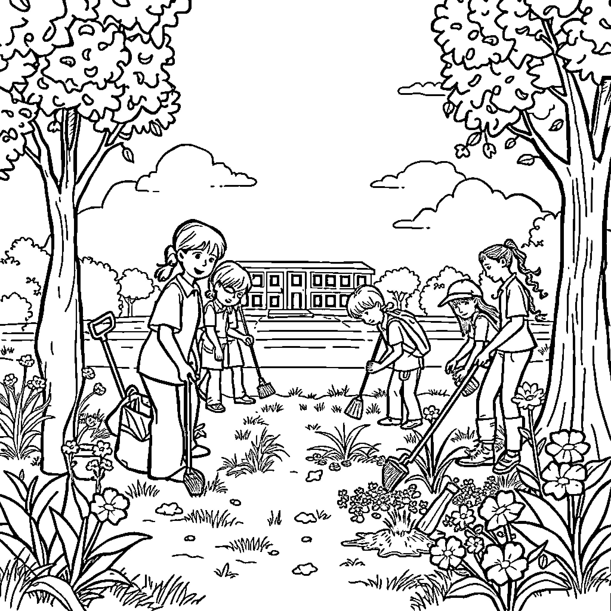School children playing outdoors on campus Coloring Page (free black-and-white line drawing printable PDF for all, from beginners to advanced learners, including children, teens, adults, and seniors)