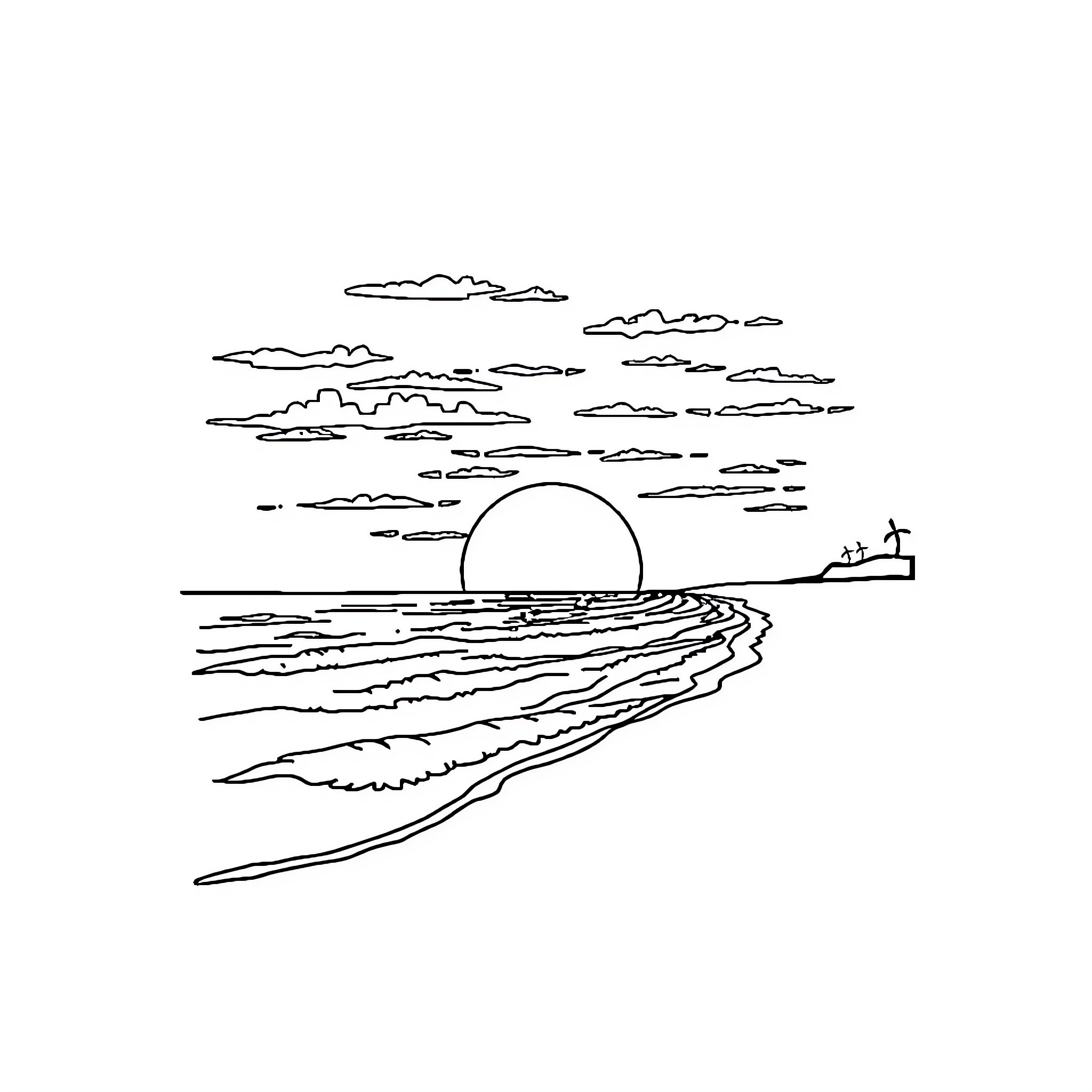 Sunset over the tranquil ocean horizon Coloring Page (free black-and-white line drawing printable PDF for all, from beginners to advanced learners, including children, teens, adults, and seniors)