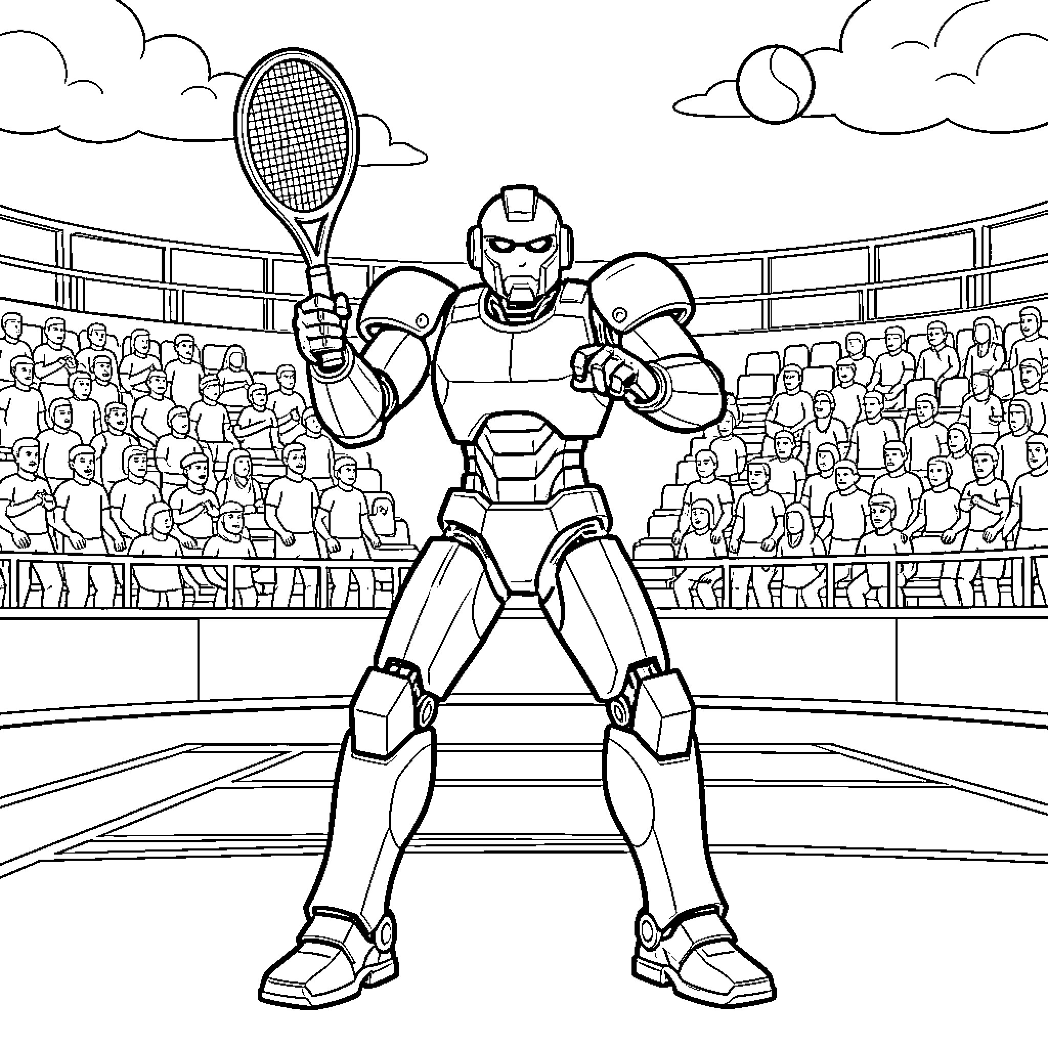 Mechaman playing tennis in a crowded stadium Coloring Page (free black-and-white line drawing printable PDF for all, from beginners to advanced learners, including children, teens, adults, and seniors)