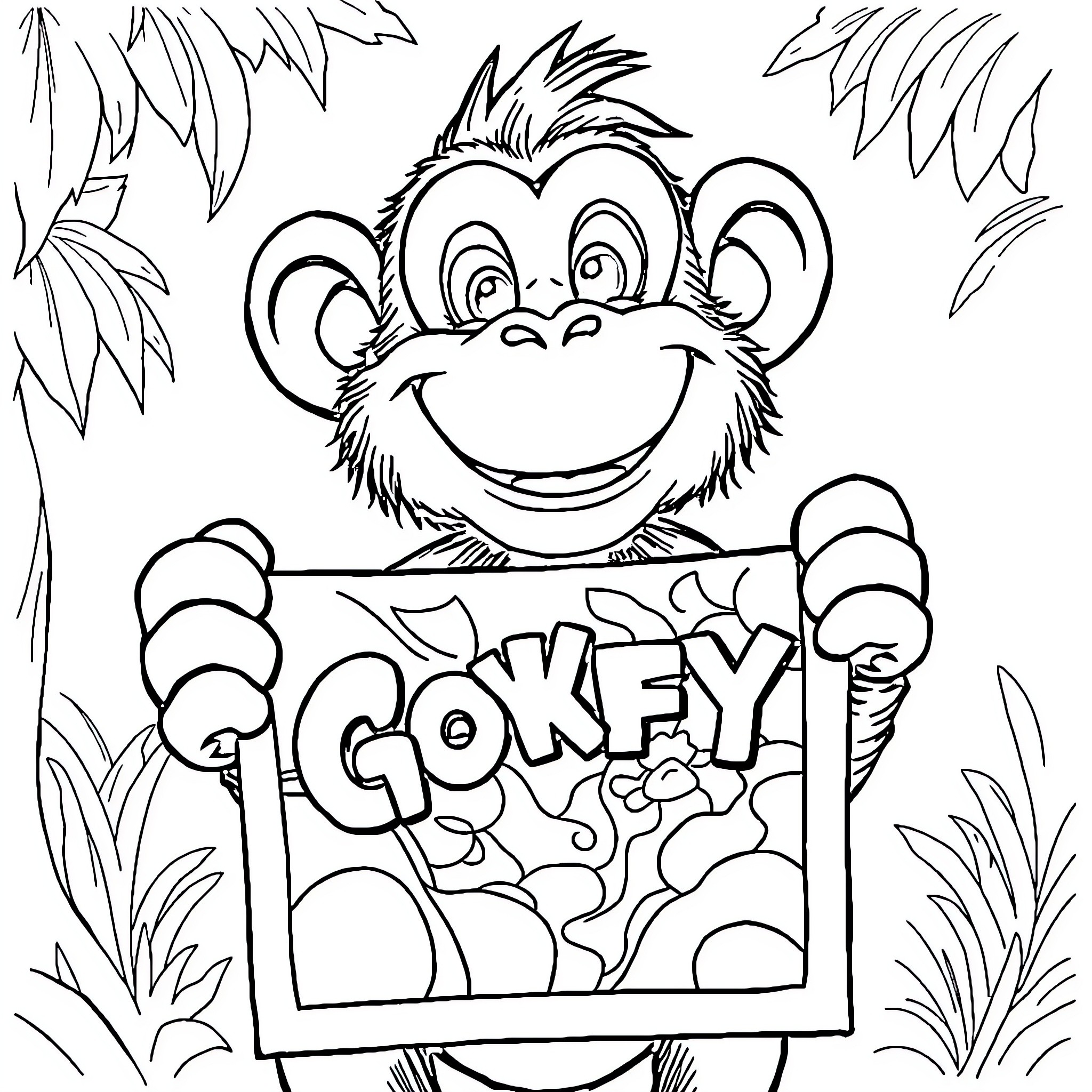 Monkey D. Ruffy holding a goofy sign Coloring Page (free black-and-white line drawing printable PDF for all, from beginners to advanced learners, including children, teens, adults, and seniors)
