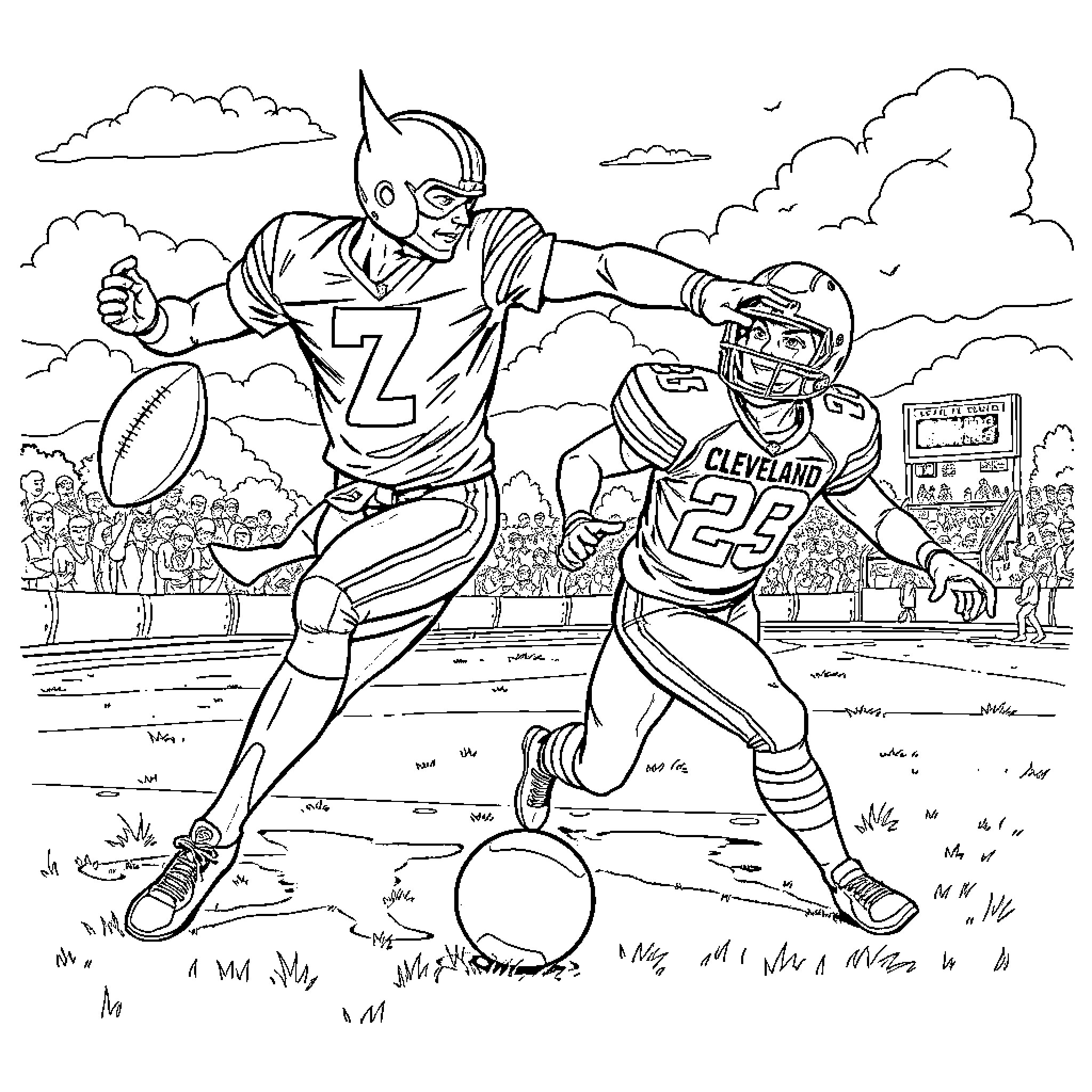 Daredevil footballers in intense gridiron battle Coloring Page (free black-and-white line drawing printable PDF for all, from beginners to advanced learners, including children, teens, adults, and seniors)