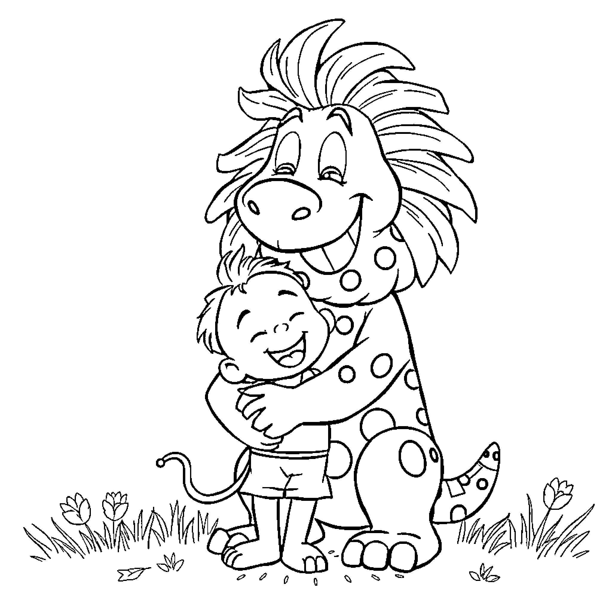 Cabezudo characters in a playful embrace Coloring Page (free black-and-white line drawing printable PDF for all, from beginners to advanced learners, including children, teens, adults, and seniors)