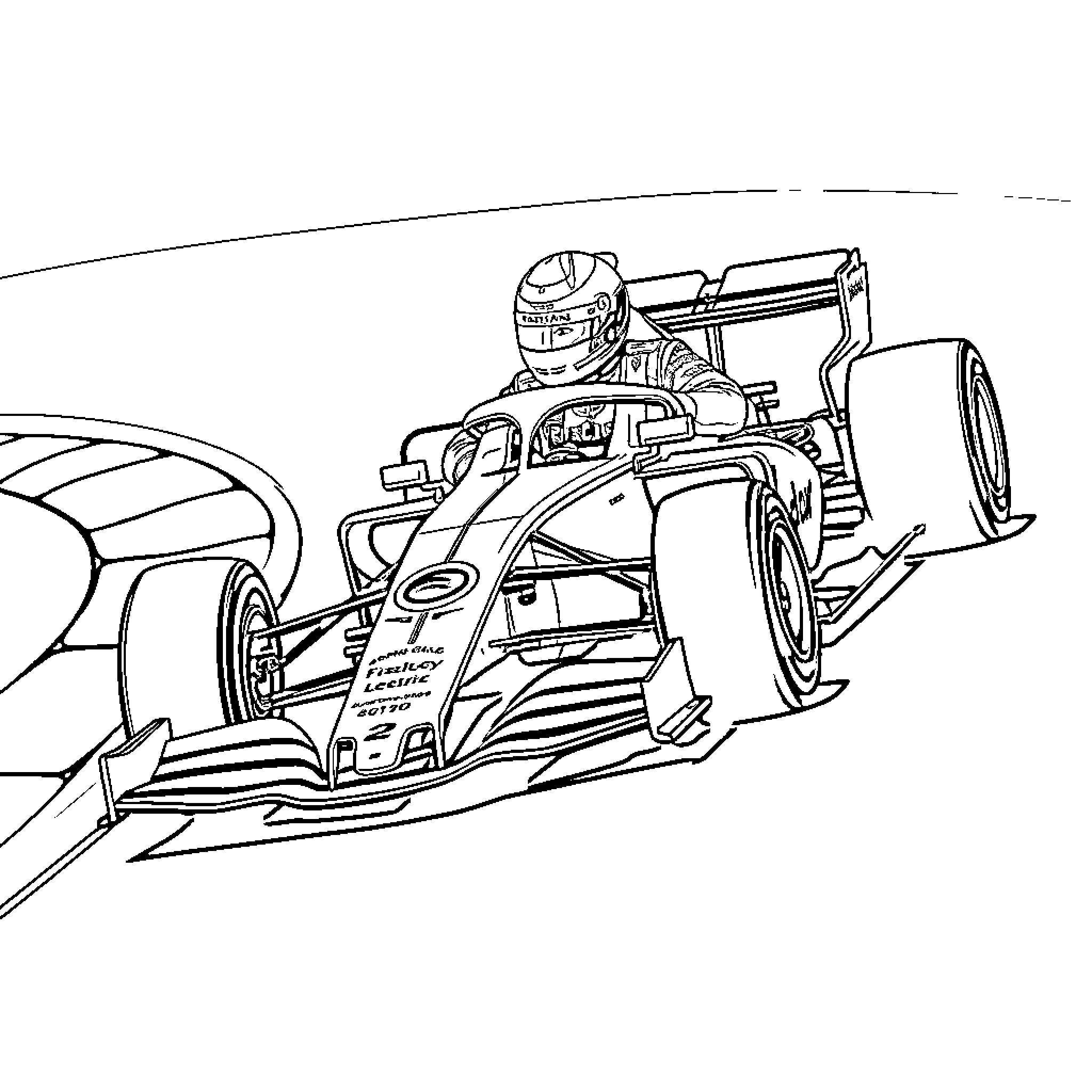 Formula 1 race car in action Coloring Page (free black-and-white line drawing printable PDF for all, from beginners to advanced learners, including children, teens, adults, and seniors)