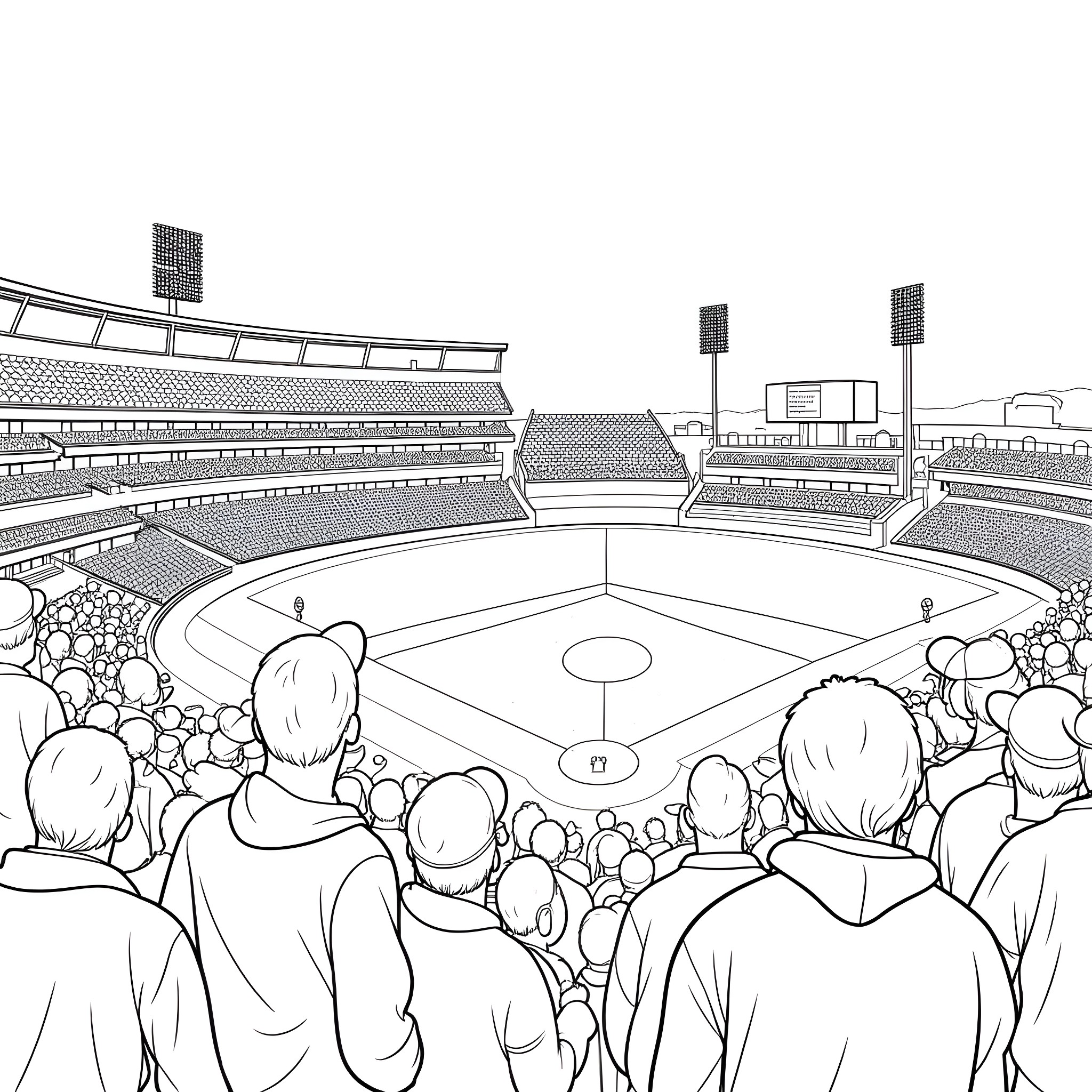 Baseball game in a crowded stadium Coloring Page (free black-and-white line drawing printable PDF for all, from beginners to advanced learners, including children, teens, adults, and seniors)
