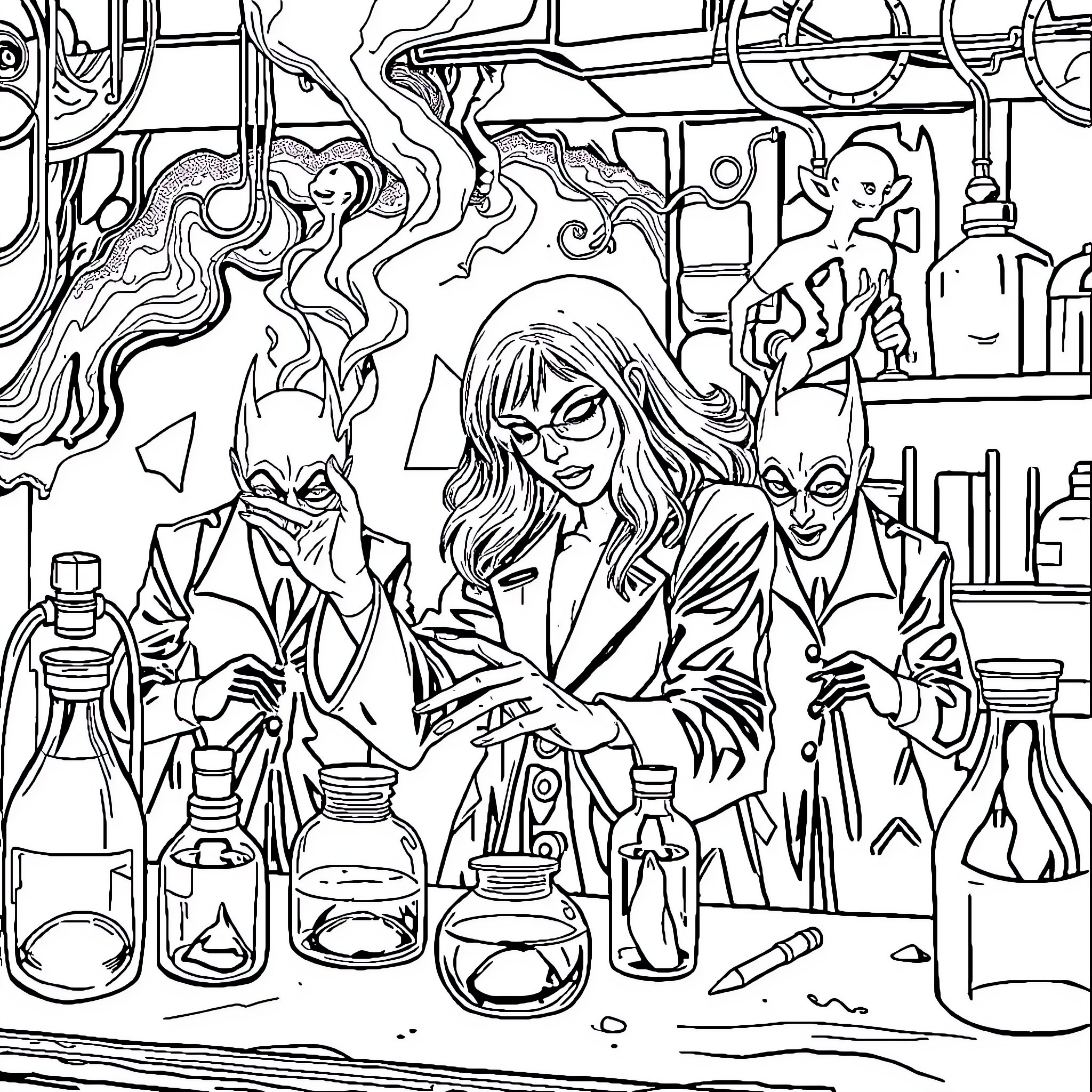 Merlima's Alchemical Experiments Coloring Page (free black-and-white line drawing printable PDF for all, from beginners to advanced learners, including children, teens, adults, and seniors)
