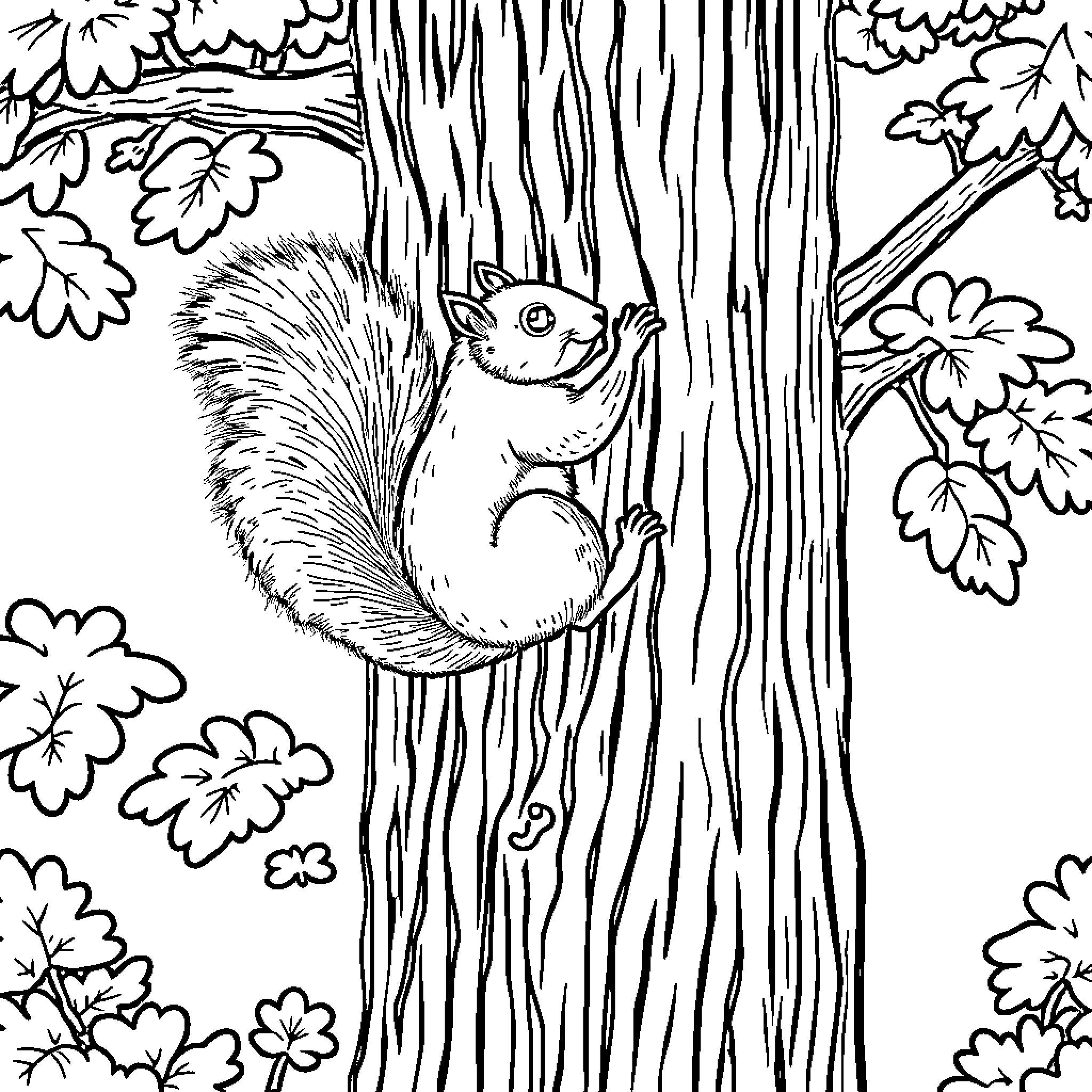 Squirrel climbing a tree with lush foliage Coloring Page (free black-and-white line drawing printable PDF for all, from beginners to advanced learners, including children, teens, adults, and seniors)